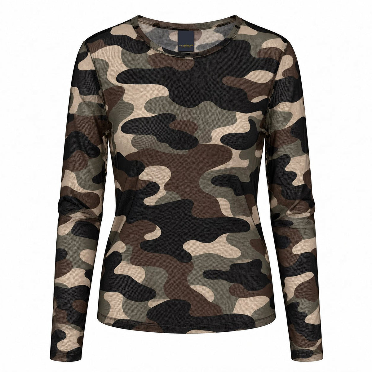 Luxzuz – Camo Mesh Army grøn langærmet skjorte i et grønt og brunt camouflagemesh-stof.