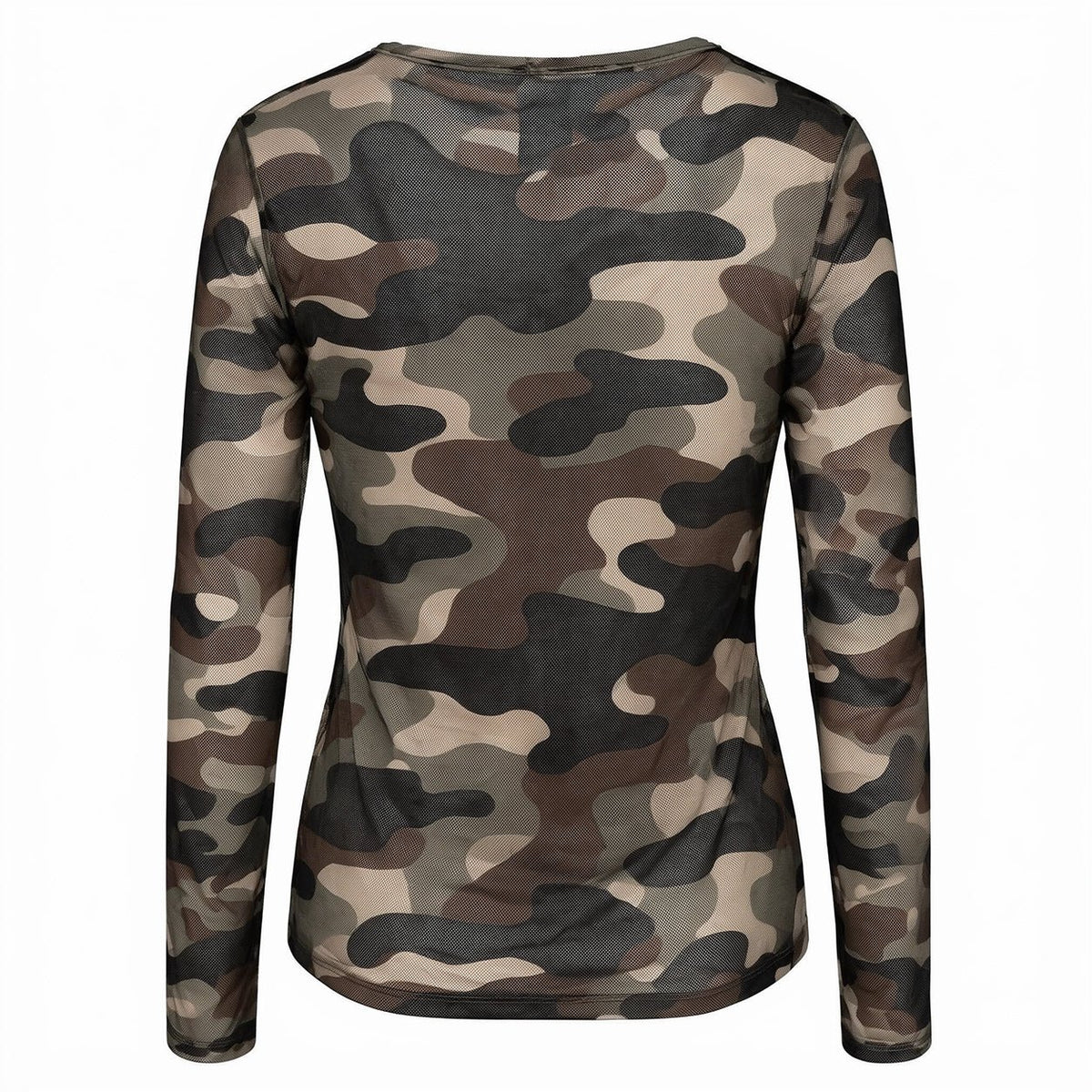 Bagside af model 156354 | Luxzuz – Camo Mesh Army: Langærmet skjorte i grøn, brun og sort camouflage-mesh.