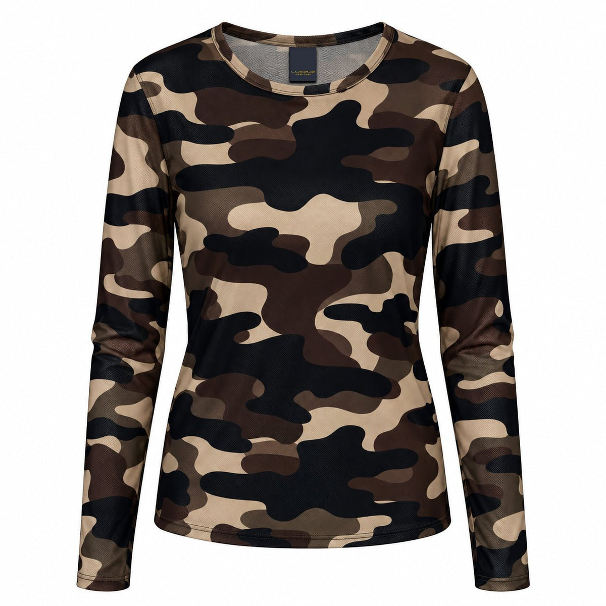 Luxzuz – Camo Mesh Mørk: Langærmet T-shirt med rund hals i mørk militærfarve med camouflagemønster i mesh i brunt, beige og sort.