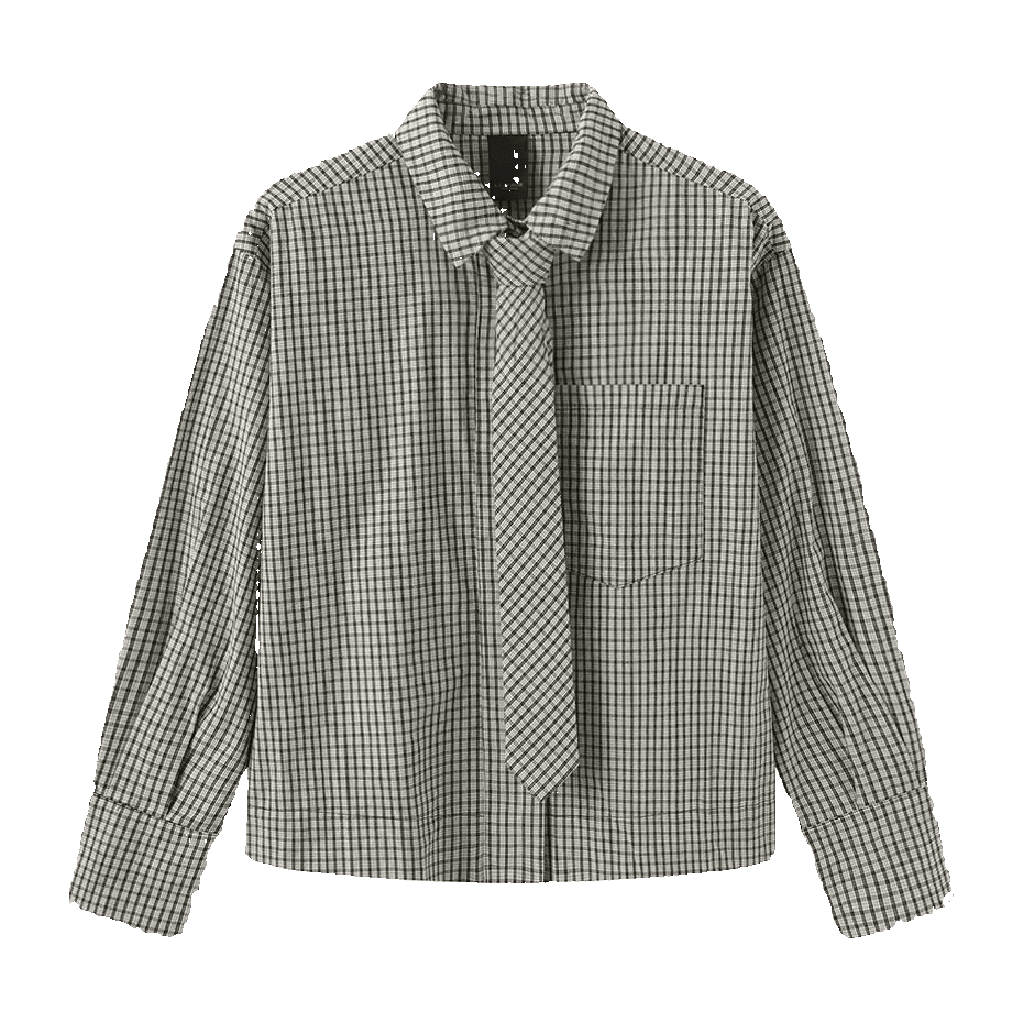 156357 Luxzuz – Macheki Off white mønstret langærmet skjorte med knapper i et fint ternet mønster og et matchende slips.