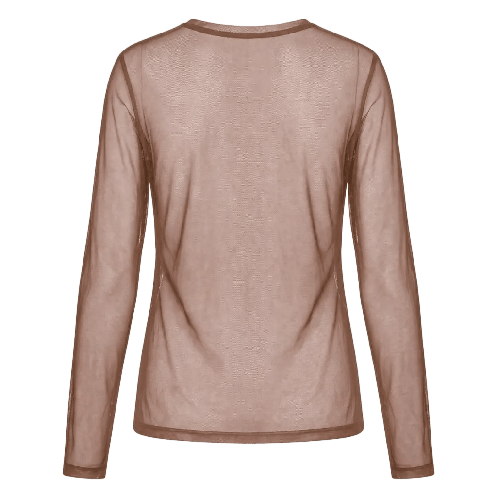 Bagfra set: Den brune Luxzuz – Segberg Brun-netbluse med lange ærmer og et gennemsigtigt look.