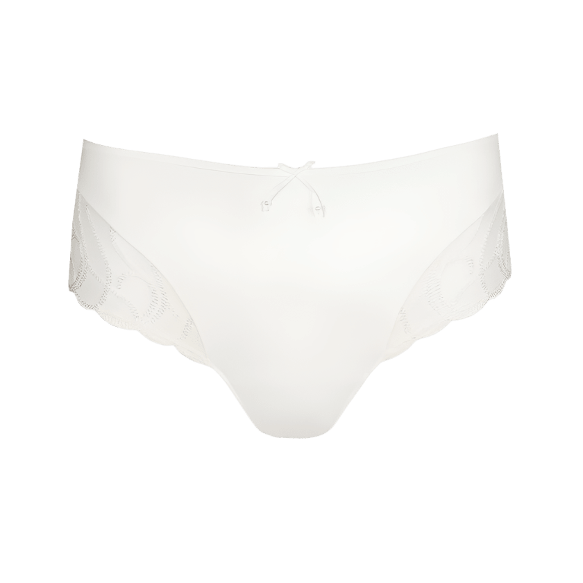 Marie Jo Heleen maxi-trusser med høj talje i offwhite med blonderkant og sløjfe, vist på en ensfarvet baggrund.