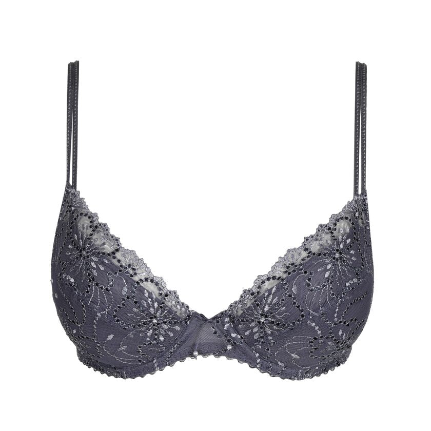 Marie Jo Jane Blue Shadow Blå: Elegant broderi, bøjleunderstøttelse og justerbare stropper i en push-up-bh i blonder.