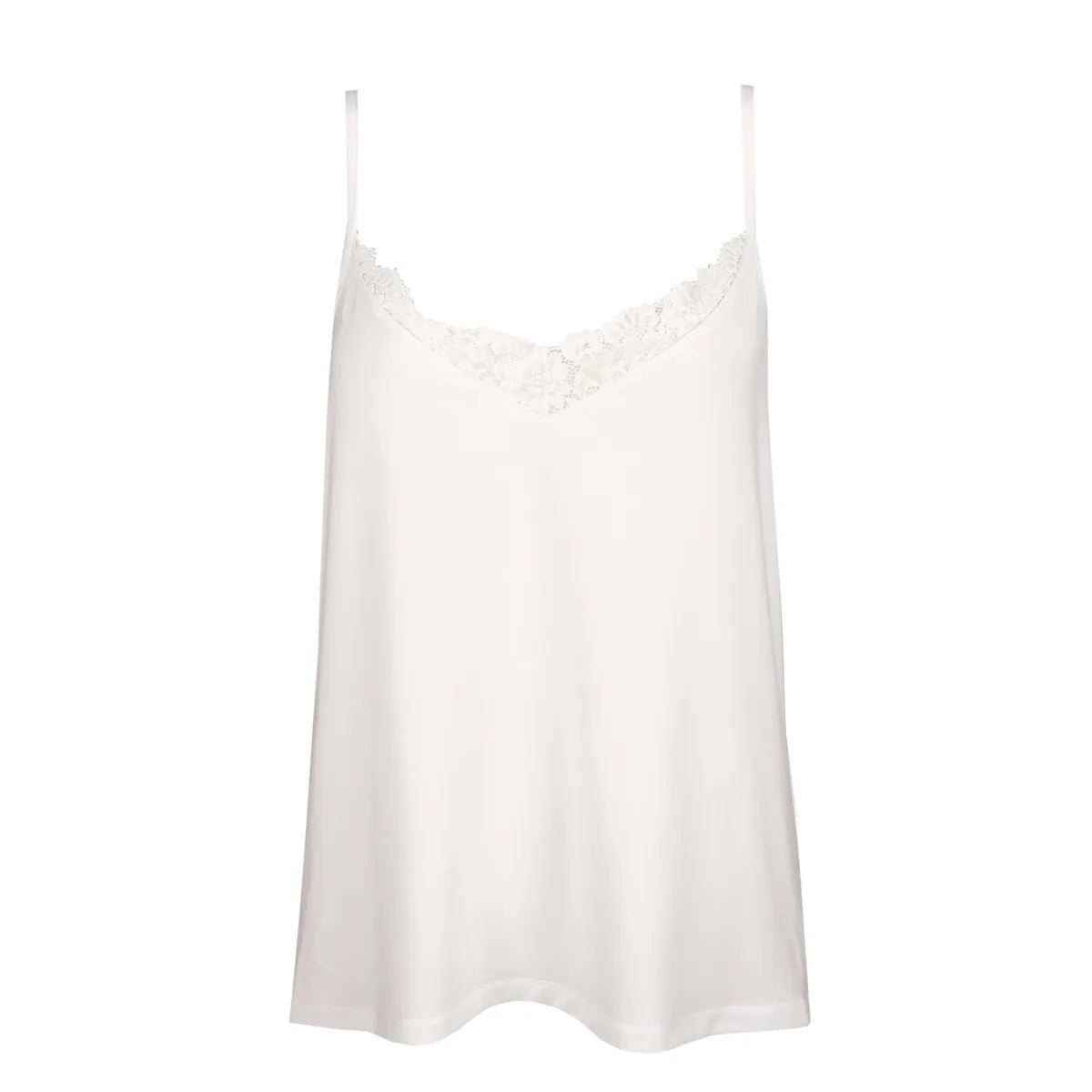 Marie Jo Soft Studio-tanktop i off-white med tynde stropper og blonderkant, vist på en ensfarvet hvid baggrund.
