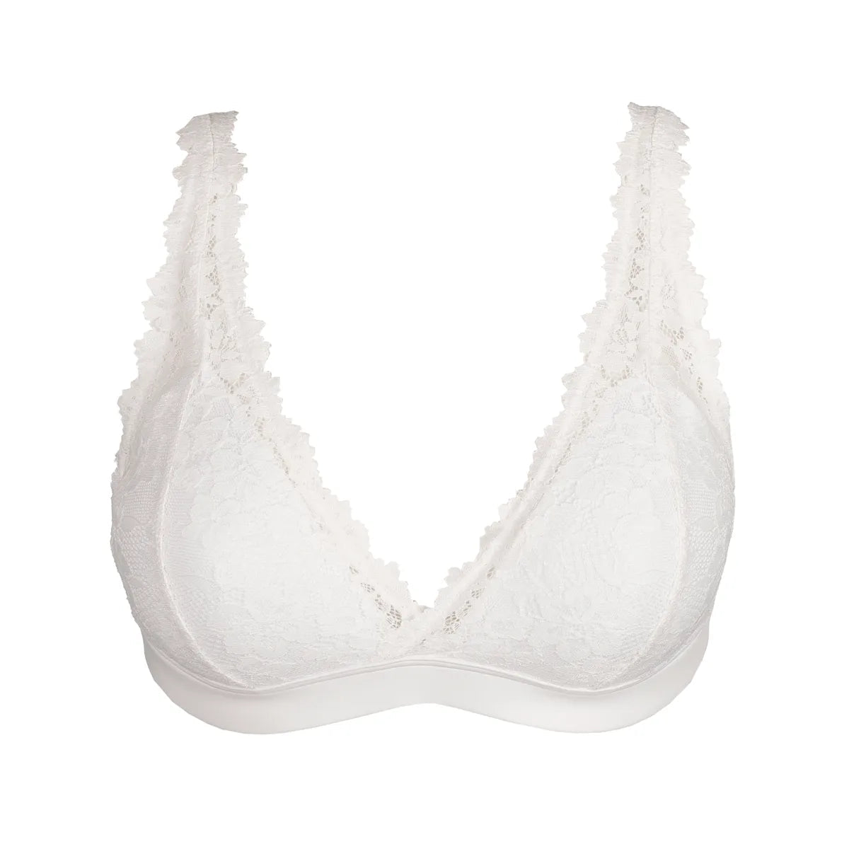 Marie Jo Soft Studio bralette i offwhite: trekantformet, brede stropper, bølget blonder, bh uden bøjler.