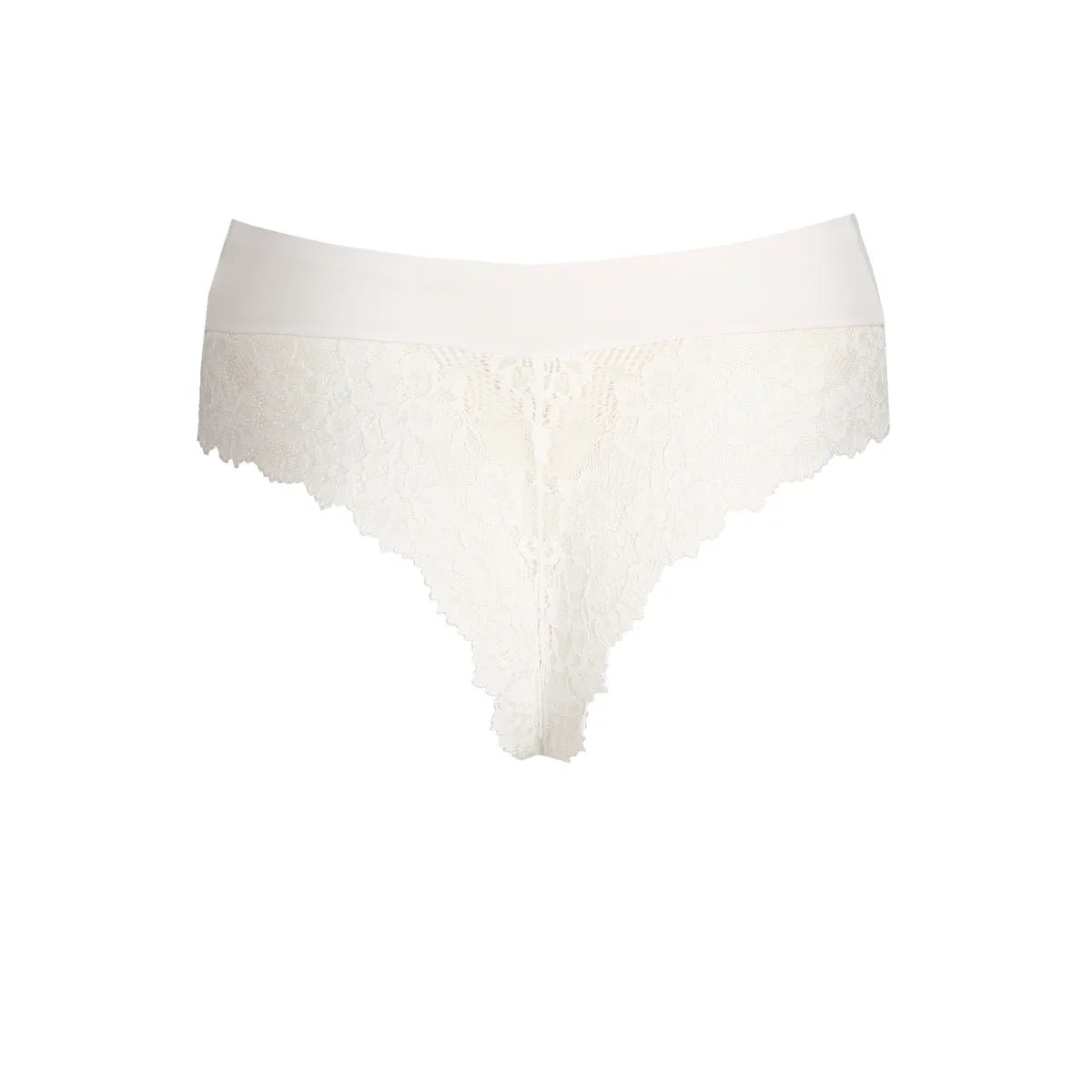 Marie Jo – Soft Studio: Offwhite bikini-undertøj med bred elastisk linning og blonder, vist på hvid baggrund.