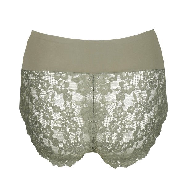Bagfra-billede af Marie Jo Soft Studio Botanique maxi-trusser i grøn med en ensfarvet linning og elegante blondedetaljer.