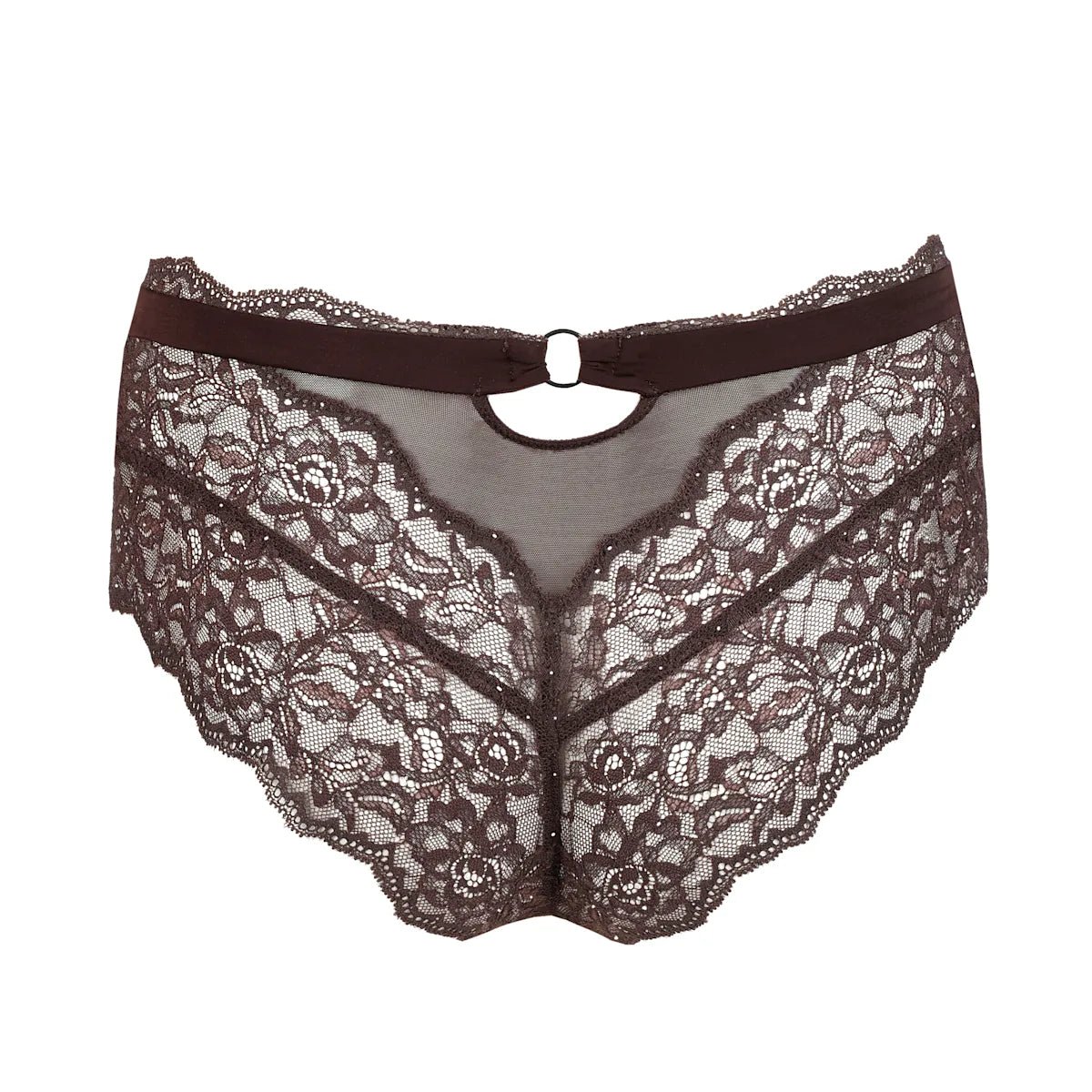 Marie Jo Musea Autumn Bloom Mørkebrun 156020 – mørkebrune hipster-trusser med gennemsigtig udskæring bagpå og en ring i midten.