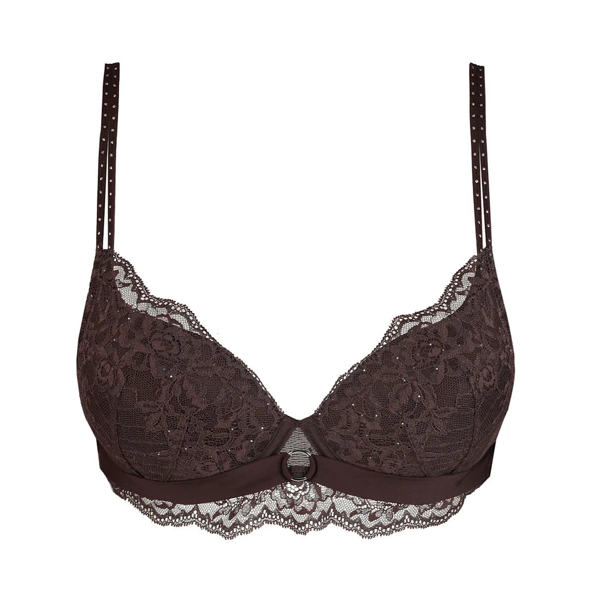 Marie Jo Musea Autumn Bloom-bh i mørkebrun med justerbare stropper med prikmønster, ring foran og blondedetaljer.