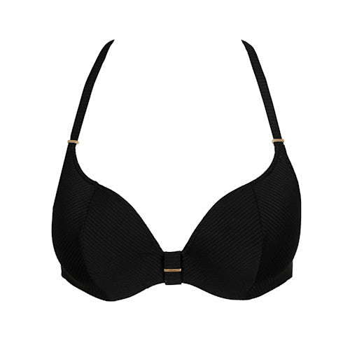 Marie Jo Swim Cassie Black: Polstret bikinitop med justerbare stropper og sløjfe, vist på hvid baggrund. Mærke: Marie Jo.
