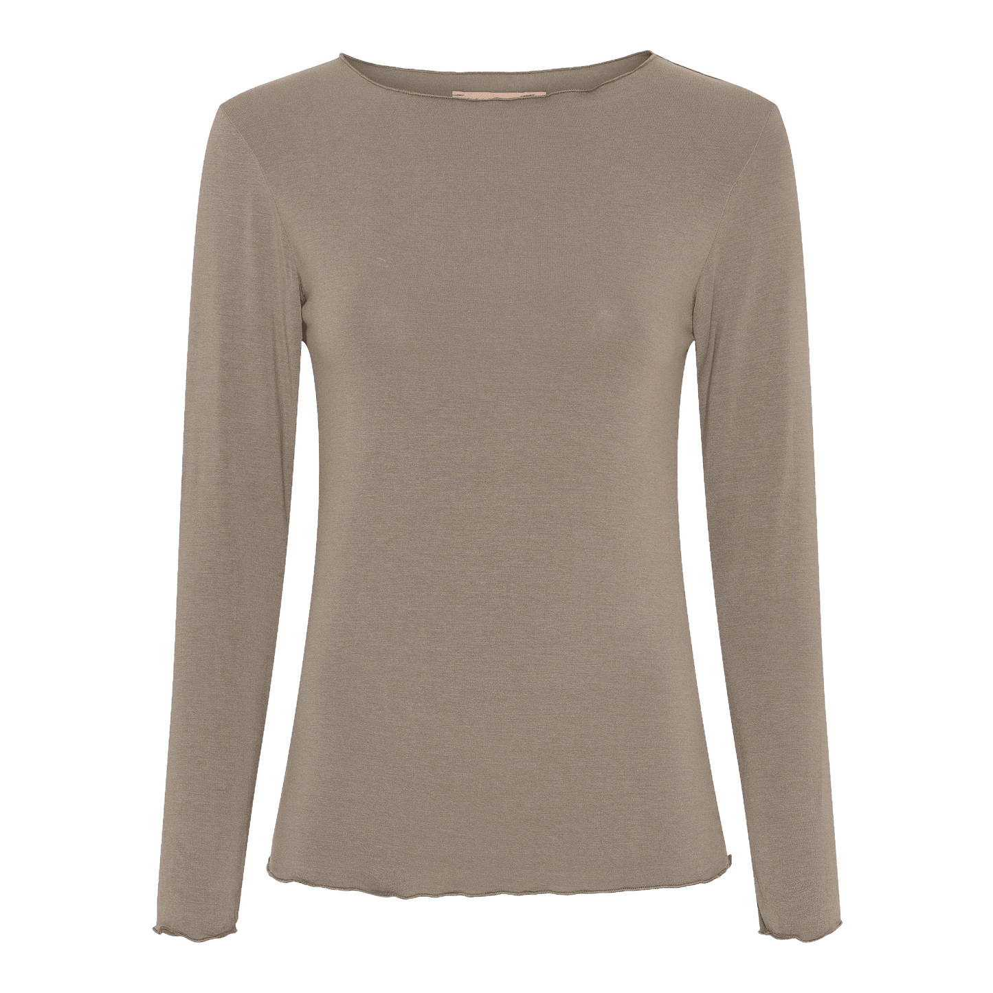 Marta du Château 149502 Leonora Lysebrun taupe T-shirt med rund hals og lange ærmer, vist på hvid baggrund.