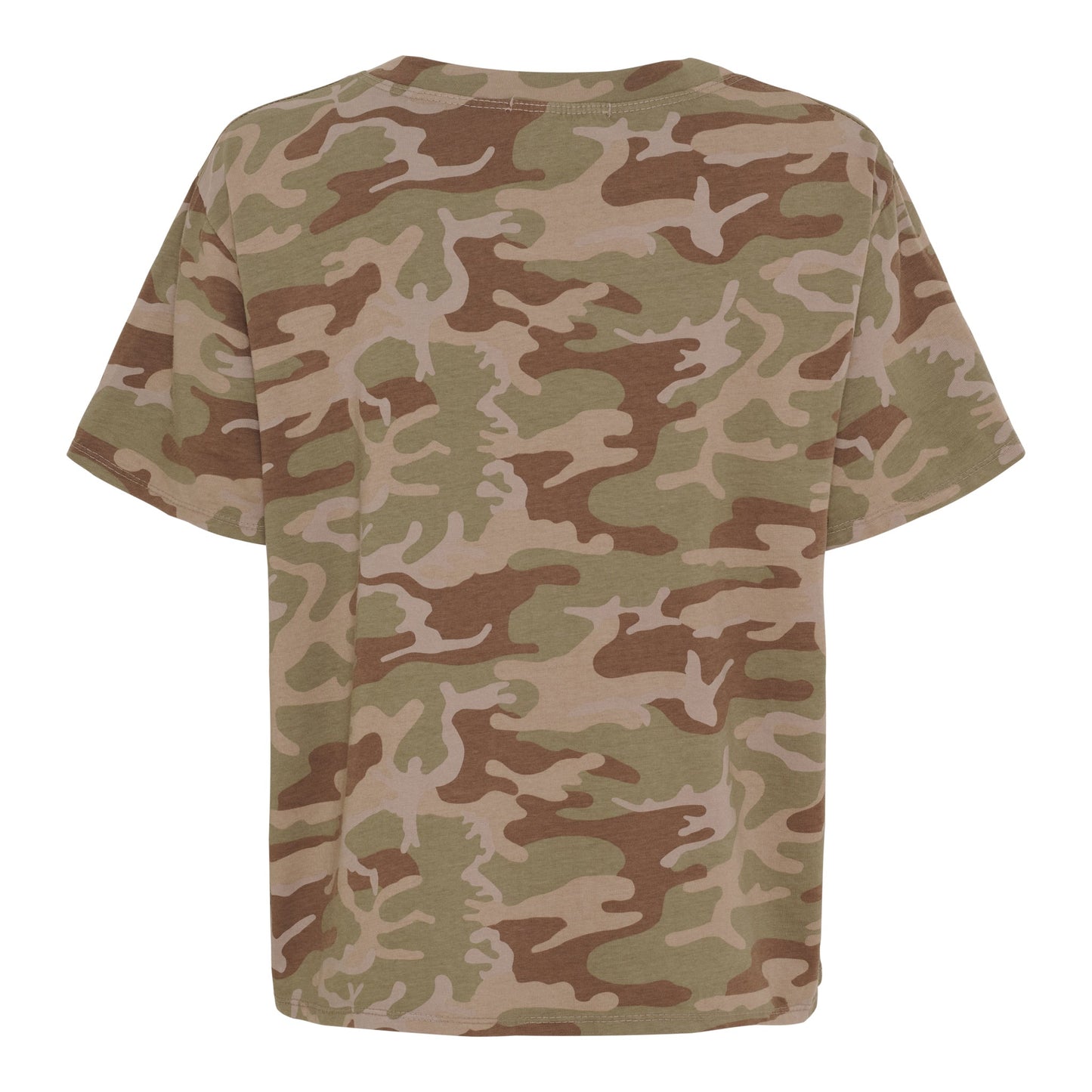 Bagsiden af 151841 | Marta du Château – Estrid Army-mønstret camouflage-T-shirt i grøn, brun og beige; perfekt til en afslappet stil.