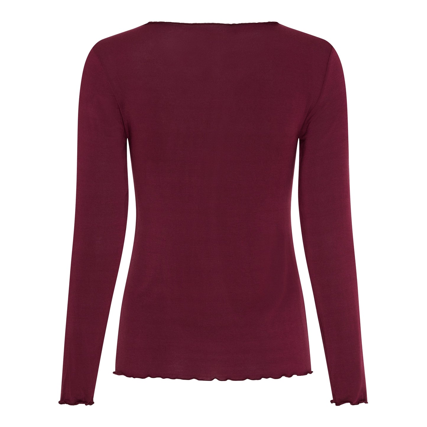 Bagsiden af 152762 Leonora Bordeaux: Marta du Château langærmet top i rødbrunt mikromodal med flæser ved nederkant og manchetter.