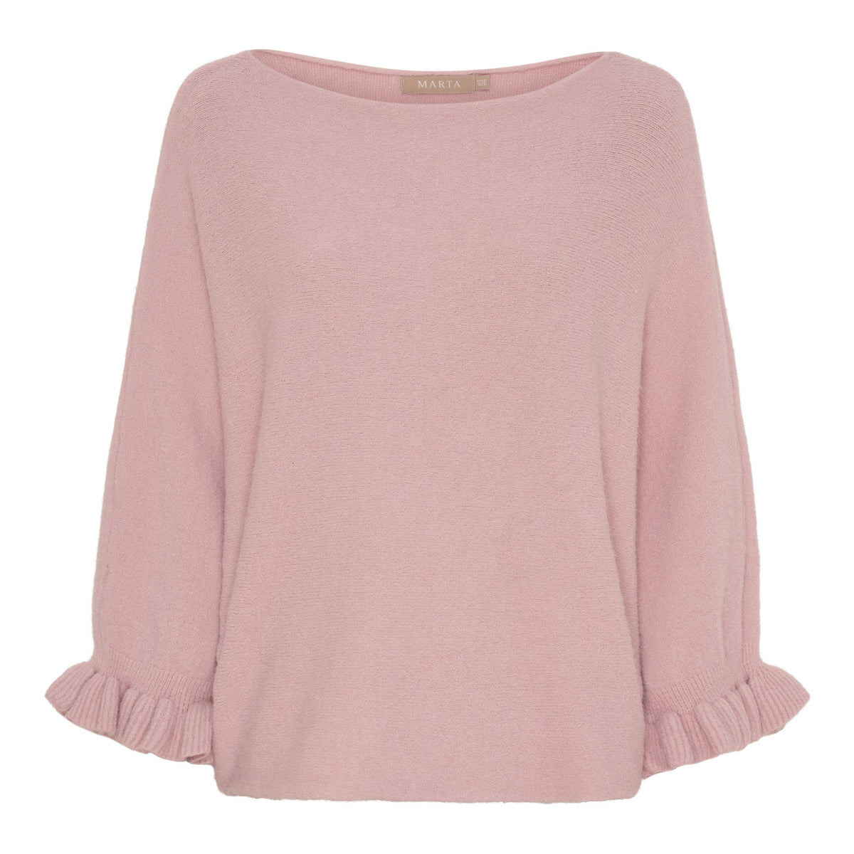 Elderflower Knit Gammelrosa af Marta du Château, lyserød trøje med flæset manchetter, vist udbredt på hvid baggrund.