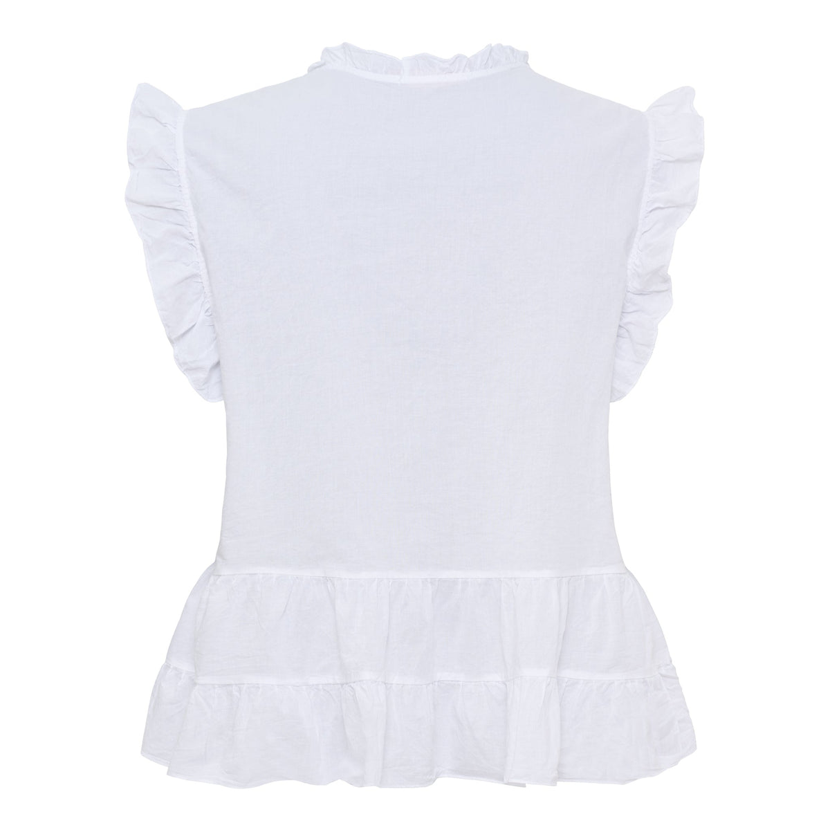 Den hvide Emira-bluse fra Marta du Château ses set bagfra med flæset skuldre og kant mod en neutral baggrund.