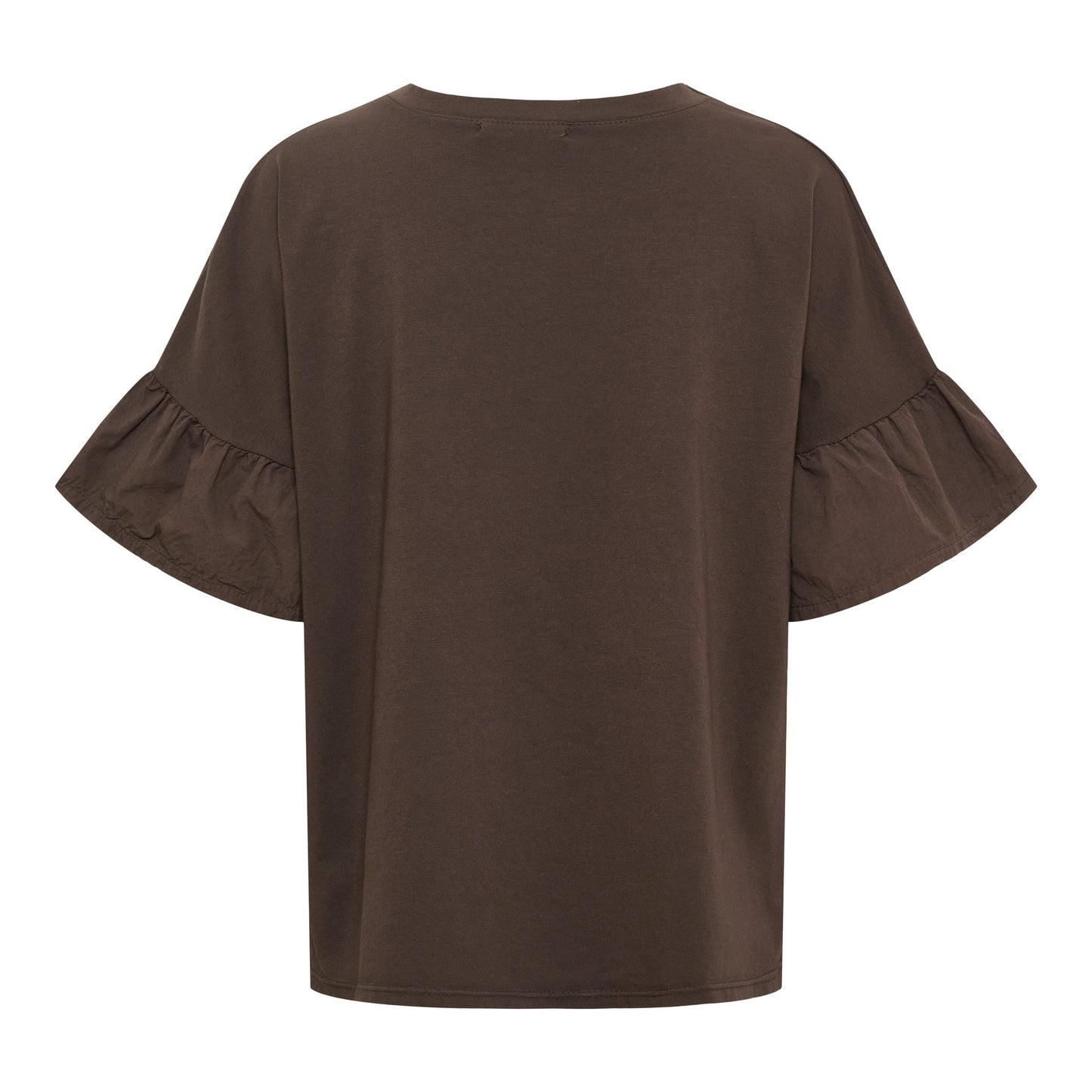 Brun Marta du Château Sabela Kaffe-T-shirt med flæseærmer, vist fladt set bagfra på en hvid baggrund.