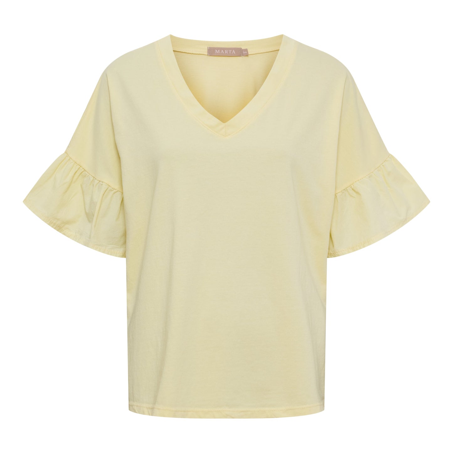Marta du Château Sabela Gul T-shirt med V-udskæring og flæseærmer, vist på hvid baggrund.