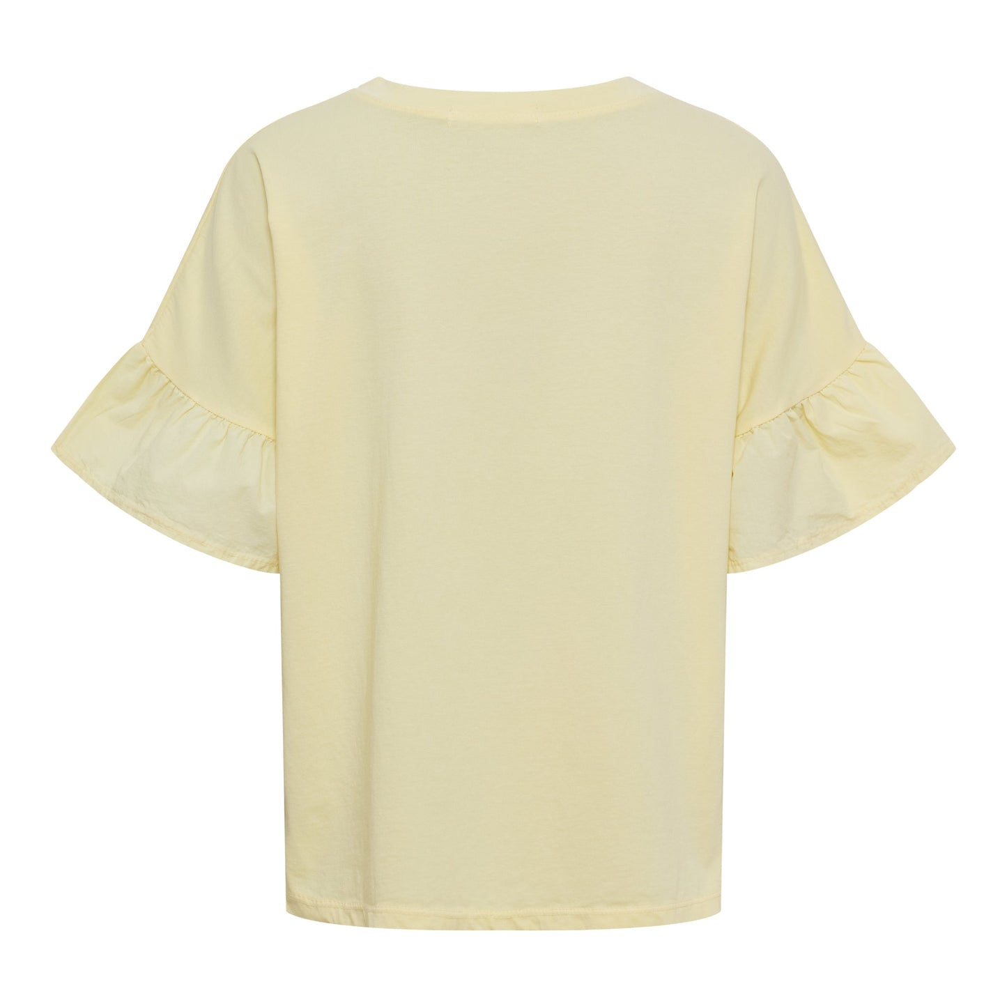 Bagside af Marta du Château Sabela Gul-T-shirt med flæseærmer på en ensfarvet hvid baggrund.