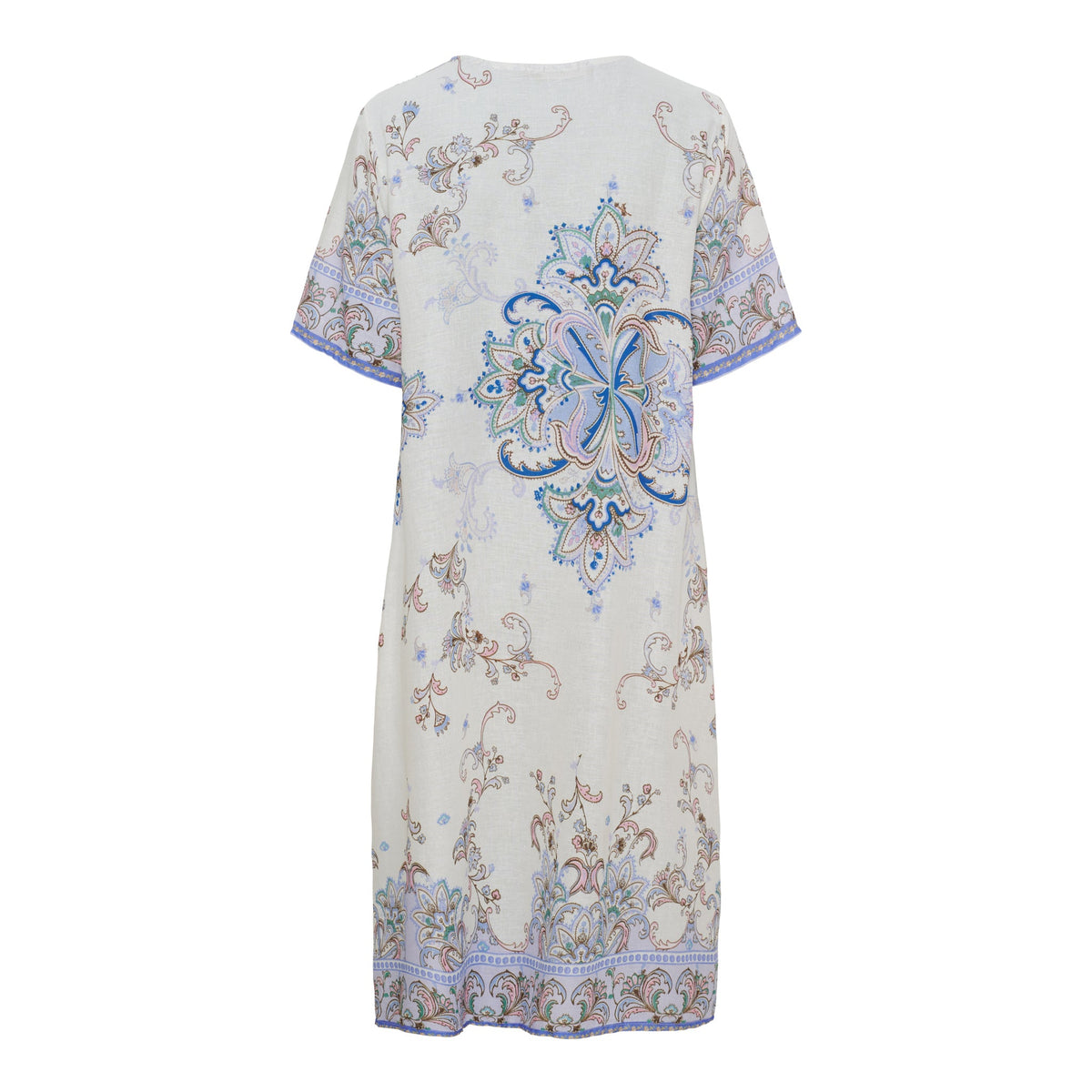 En kort kjole fra Marta du Château med blå/beige paisley-mønster i hør og viskose.