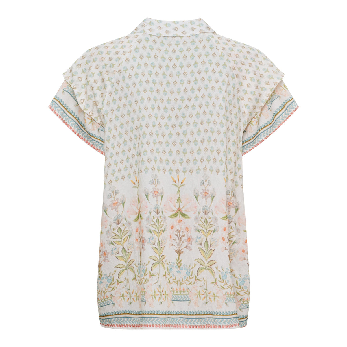 Bagsiden af Stinna Grøn mønstret af Marta du Château, med blomster- og geometriske mønstre i bløde pastelfarver.