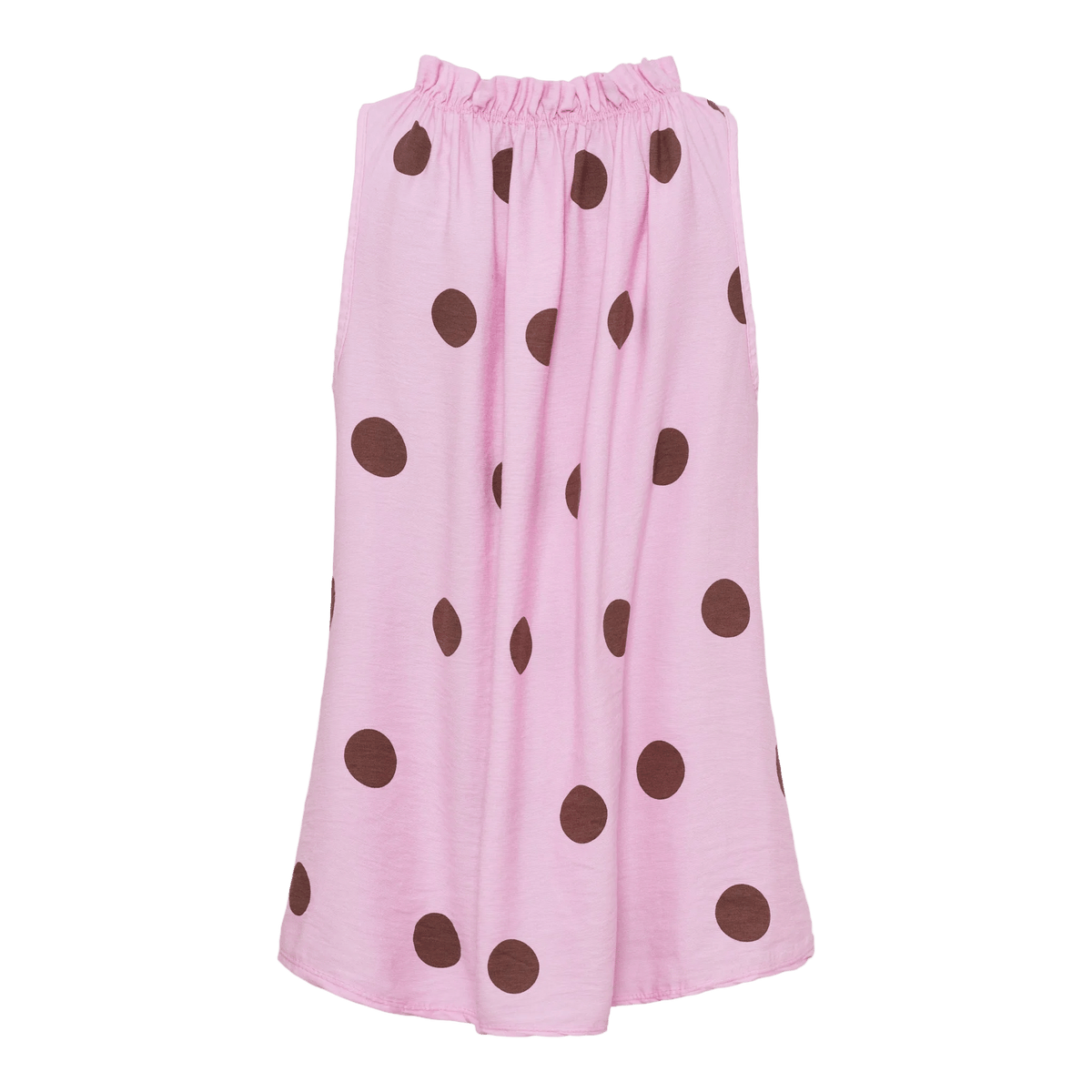 Ærmeløs Marta du Château - Lucina Pink-top i lyserødt med flæsekant ved halsen og brunt prikkemønster.