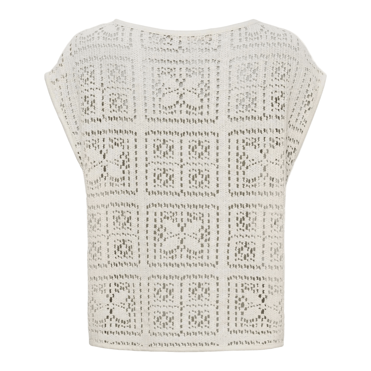 Beige 155047 | Marta du Château – Diora Beige top med korte ærmer og et åbentstrikket firkantet hulmønster.