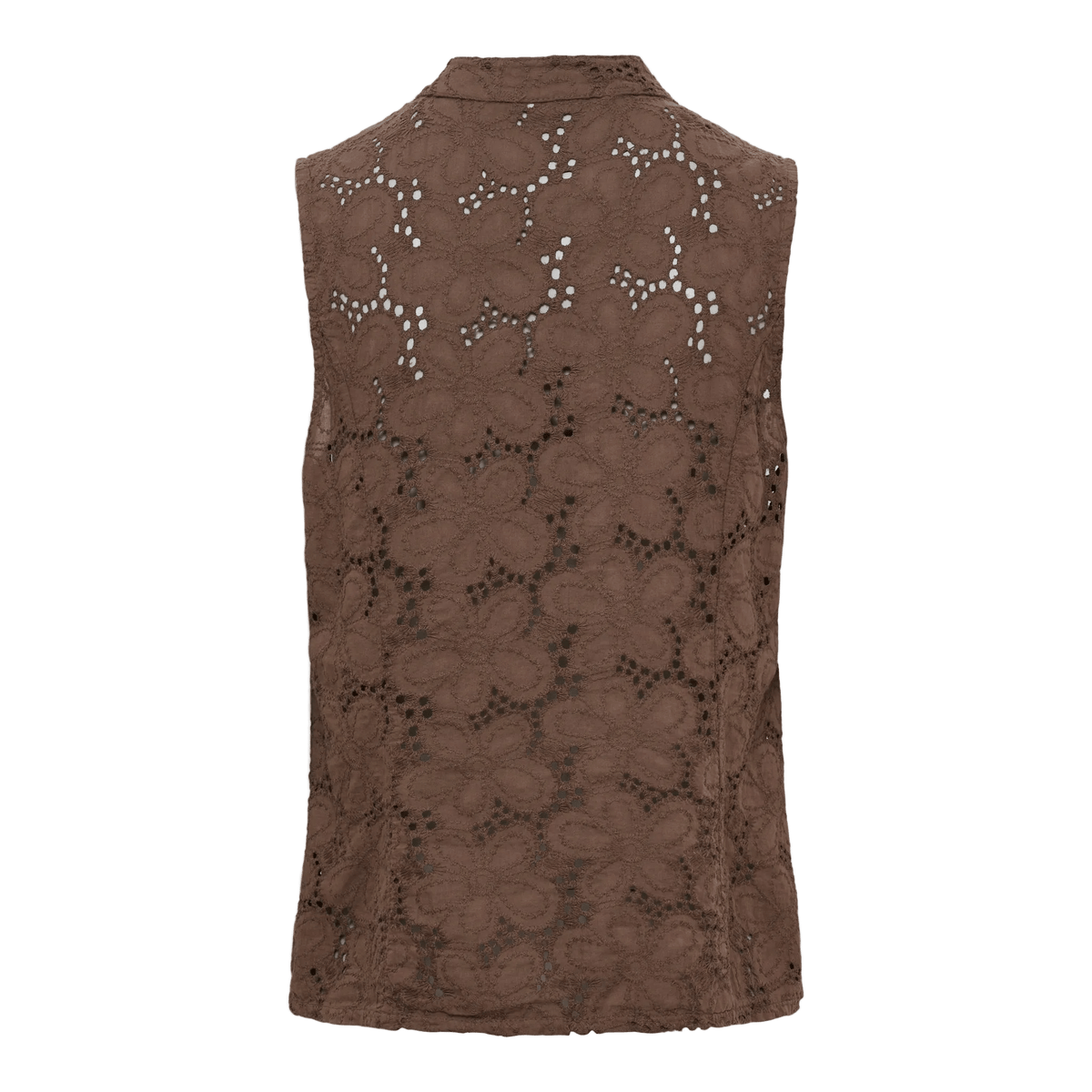 Brown Marta du Château 155055 – Ravella Brun ærmeløs bluse med blomstermønster i hulblonder og krave.
