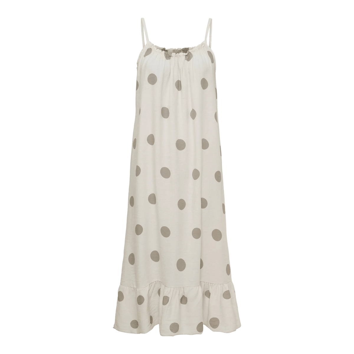 Marta du Château 155294 Luliana Beige midikjole med store lysebrune prikker og flæset kant.