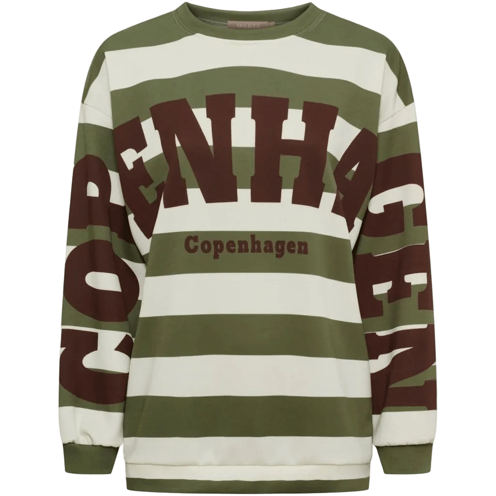 Marta du Château 155388: Nerina-sweatshirt i militærstil, grøn/hvid stribet med København-print.