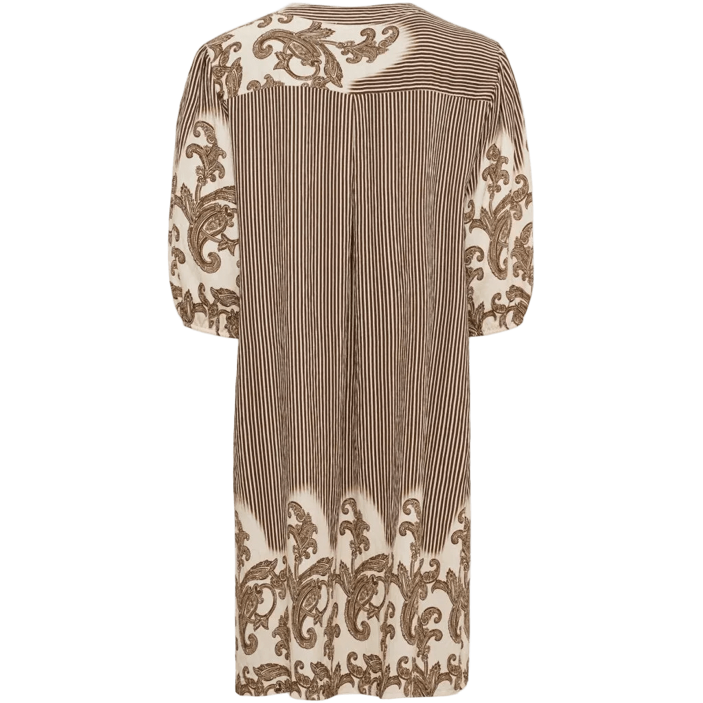 Bagfra-billede af model 155407 | Marta du Château – kjole med Goldie Brun-mønster i brune og hvide striber samt paisley-mønster.
