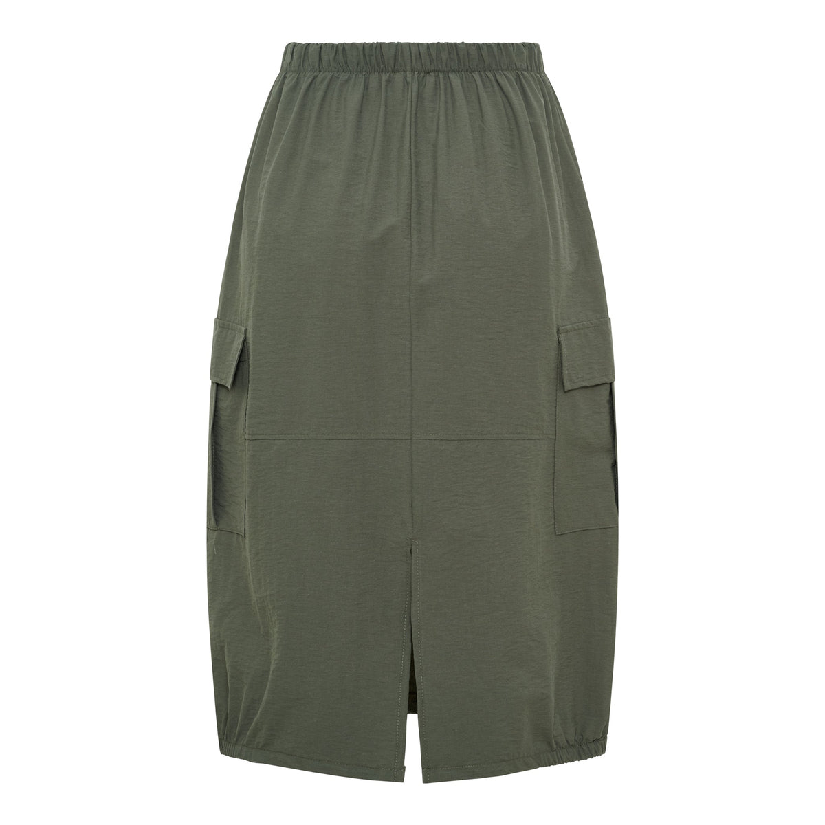 Grøn utility-nederdel fra Soleil Army af Marta du Château med elastisk talje, slids foran og cargolommer.