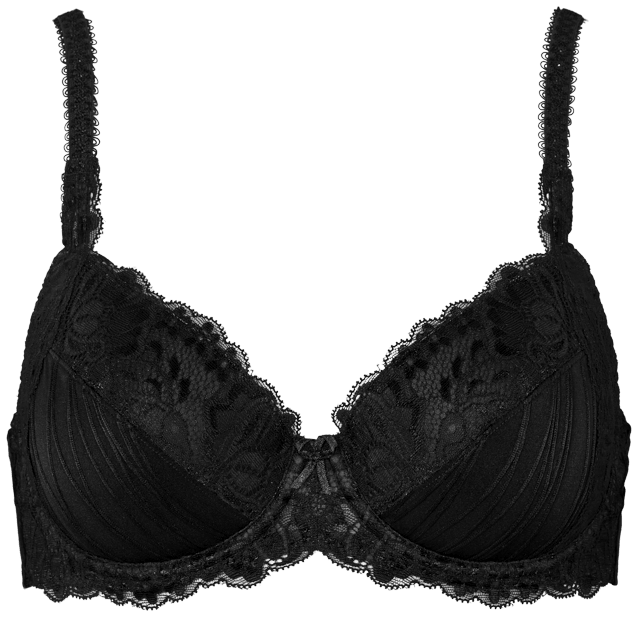 Missya Dorrit sort bralette med blomsterblonder, justerbare stropper og bølget kant, vist på en hvid baggrund.