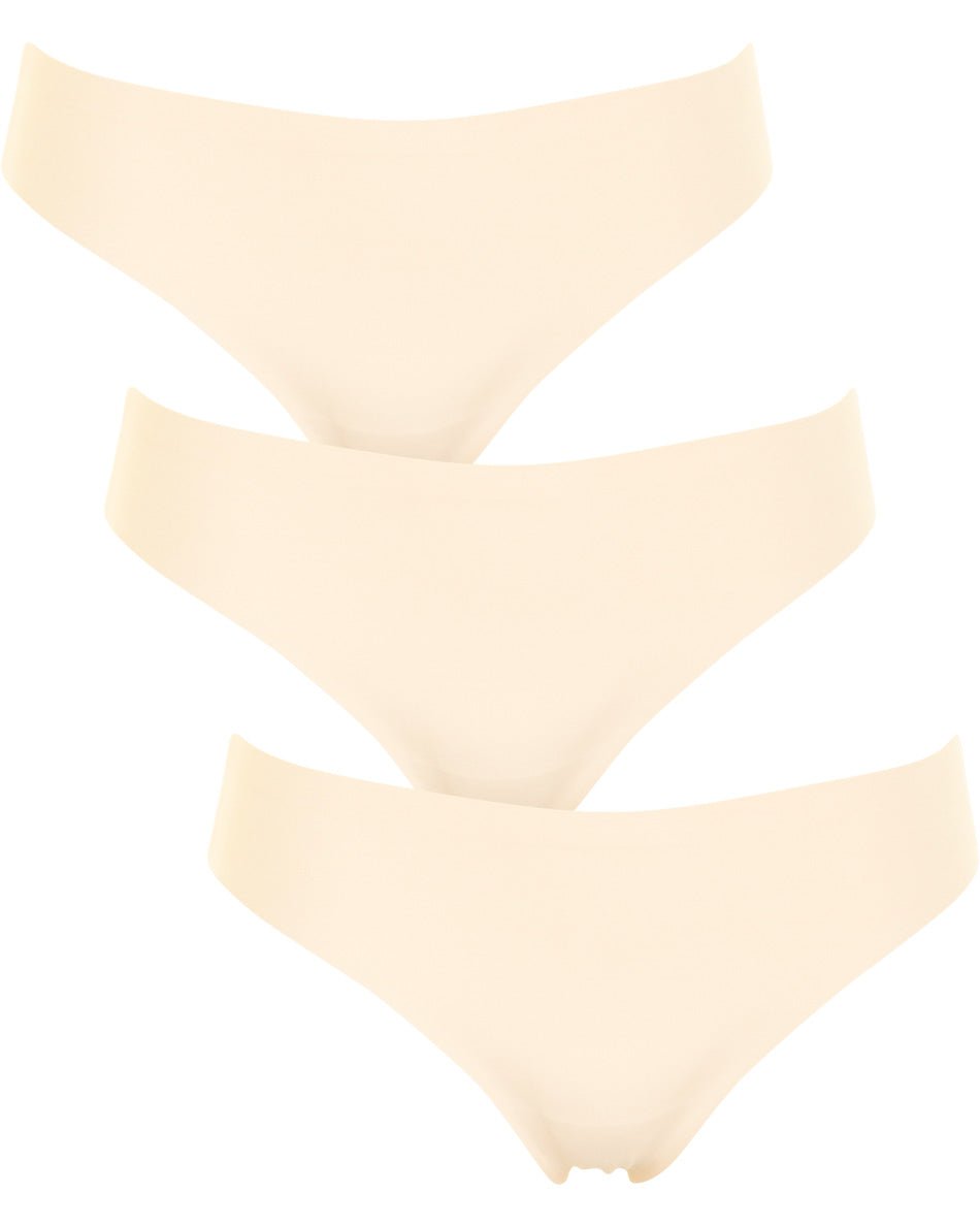 Tre Missya 142910 sømløse beige g-strenge med usynlige kanter, stablet på hvid baggrund. 3-pak Hud.