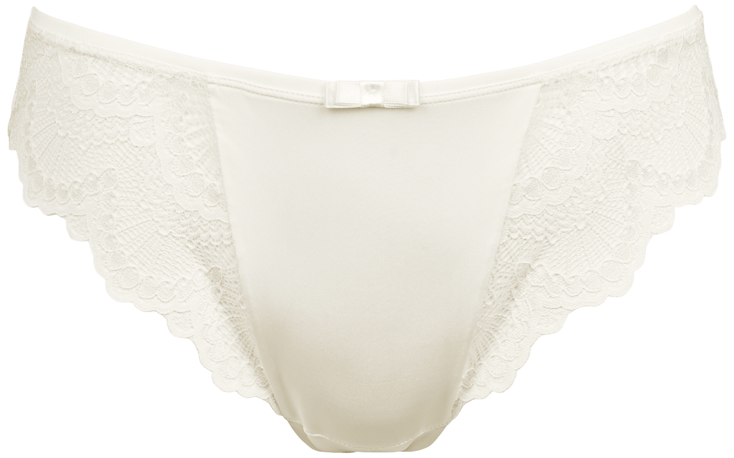 Missya Tanya Ivory Off White: Trusse i satin og blonder, lyse detaljer, lille sløjfe, vist på ensfarvet baggrund.