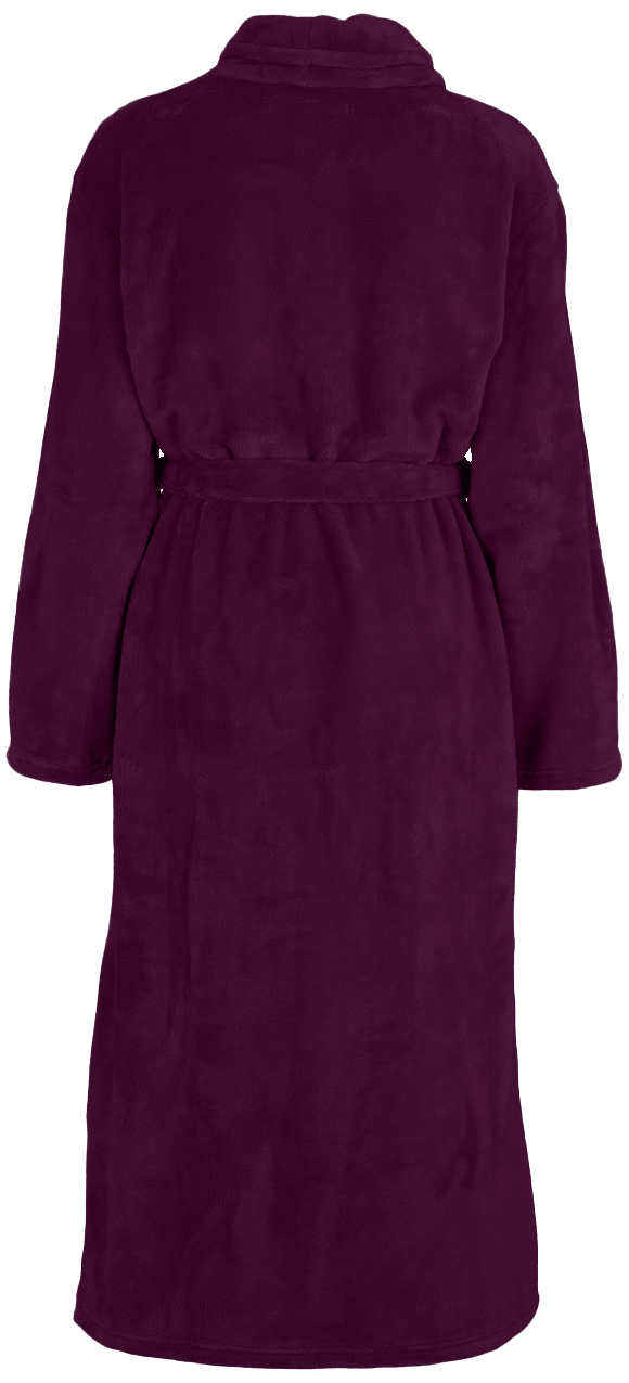 Missya Cornflocker Lilla fleece-kåbe i mørk lilla ses her set bagfra, med et matchende bælte i taljen.