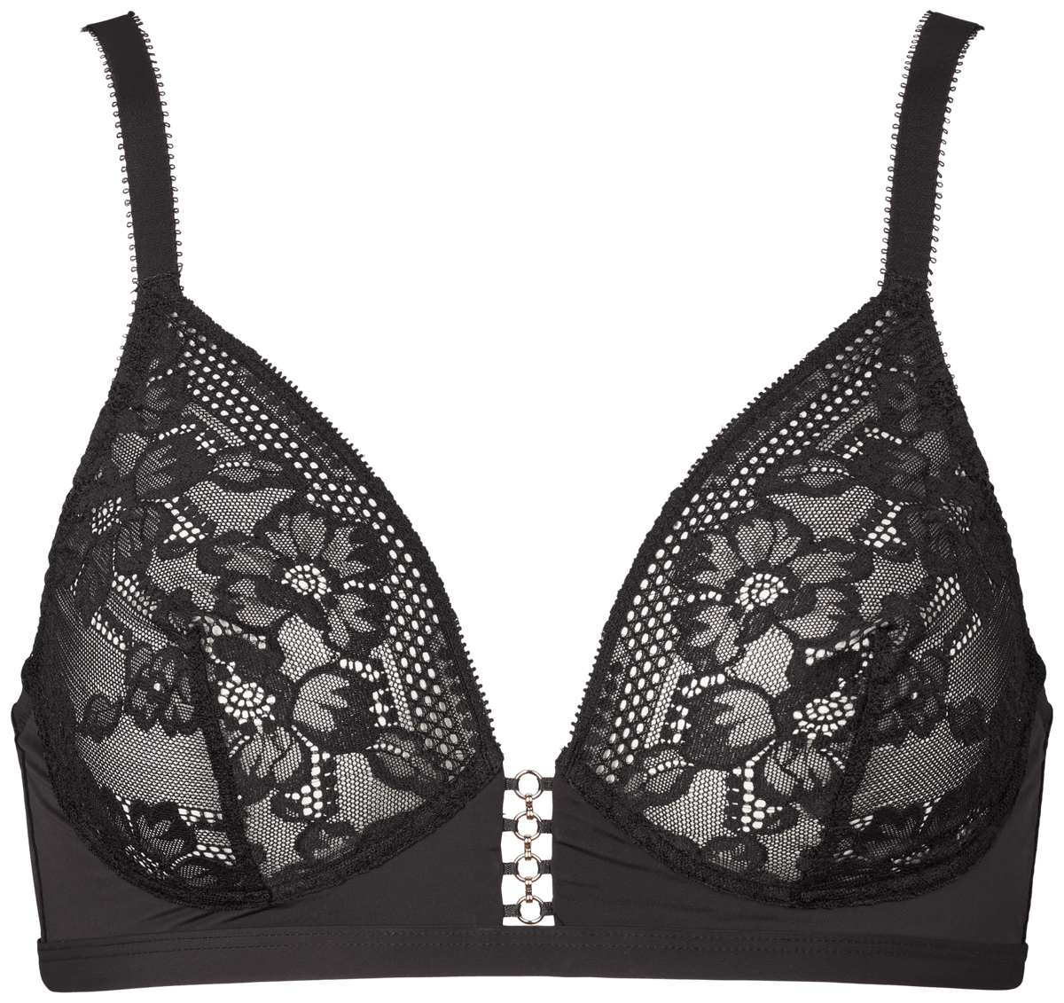 Missya – Kaya Black Sort: Sort bralette i blonder med blomstermønstre og lukning foran, vist på hvid baggrund.