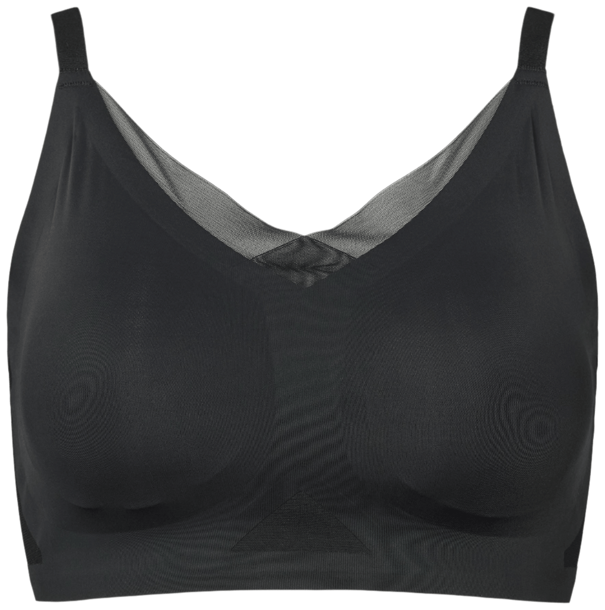 Missya Seamless Bra Plus Sort 149796 har en halsudskæring i mesh, der her vises på en hvid baggrund for at give et moderne look.