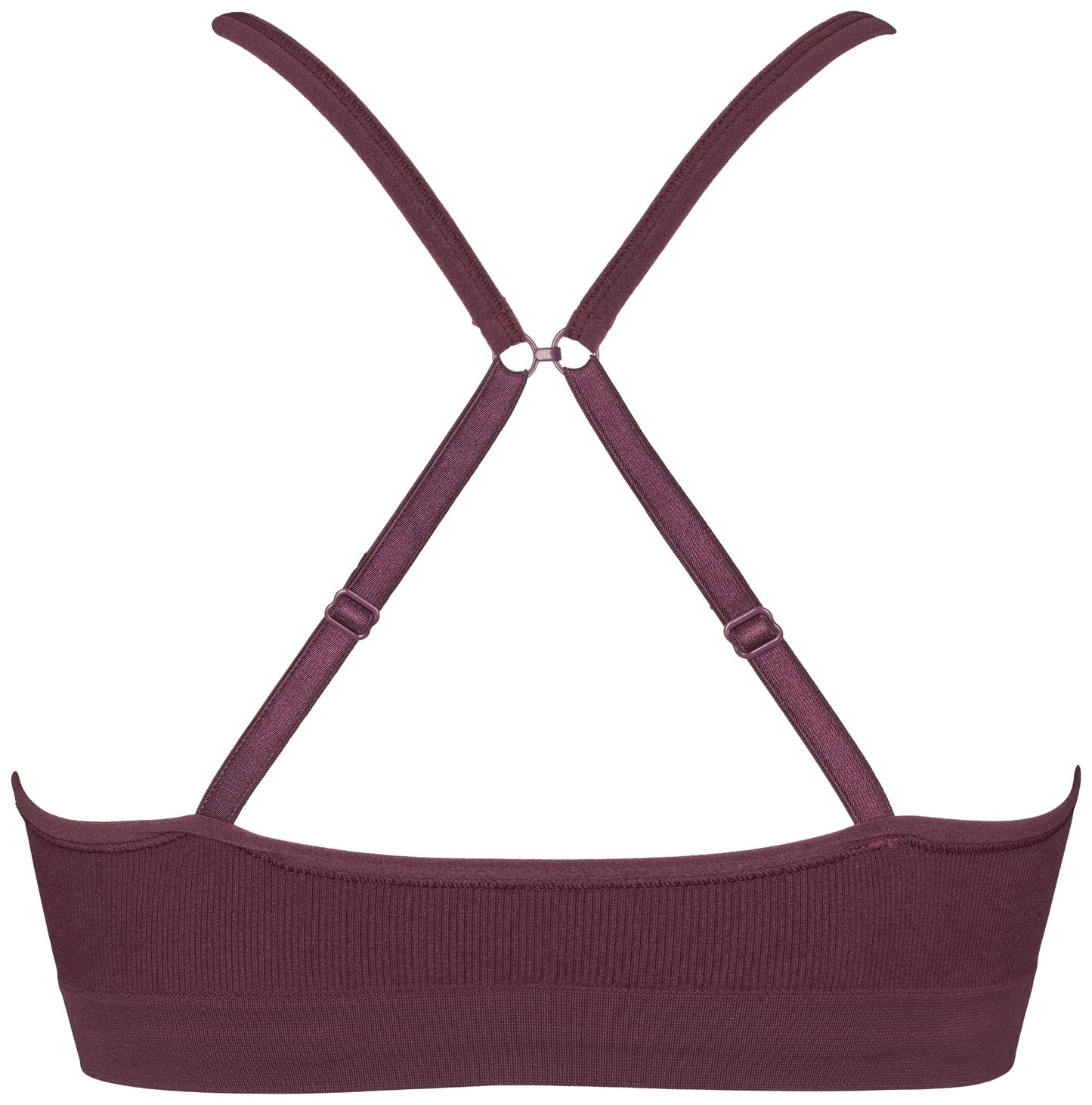 Bagfra set billede af Missya Lucia Potent Purple Bordeaux-top med justerbare, krydsede stropper og ribbet kant forneden.