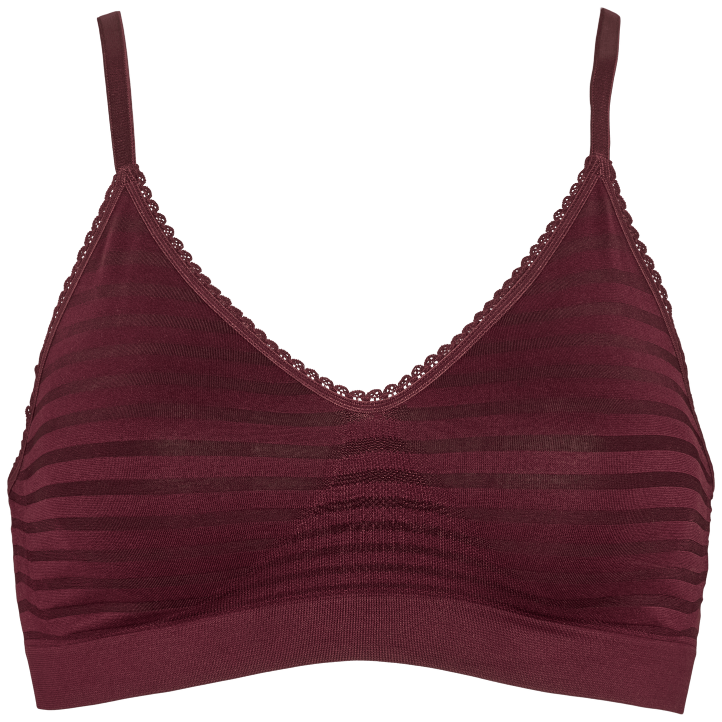 Missya Lucia Stripe Bordeaux-bh’en har tynde stropper, en V-udskæring, blonderkant og gennemsigtige vandrette striber.