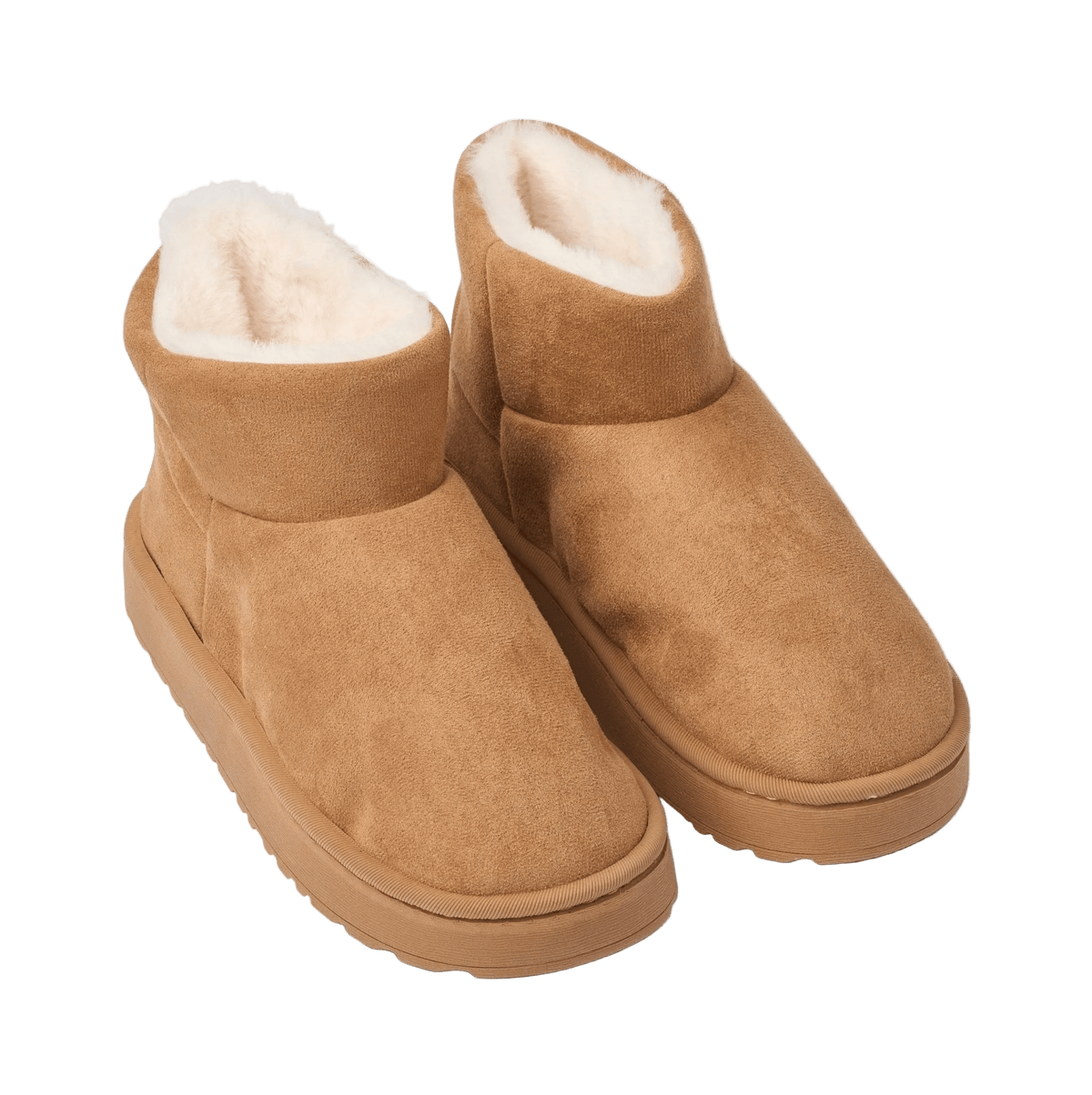 Missya Fluffy Camel bamsestøvler: lysebrunt ruskind, hvidt fleecefor, gummisåler, afbilledet på en ensfarvet hvid baggrund.