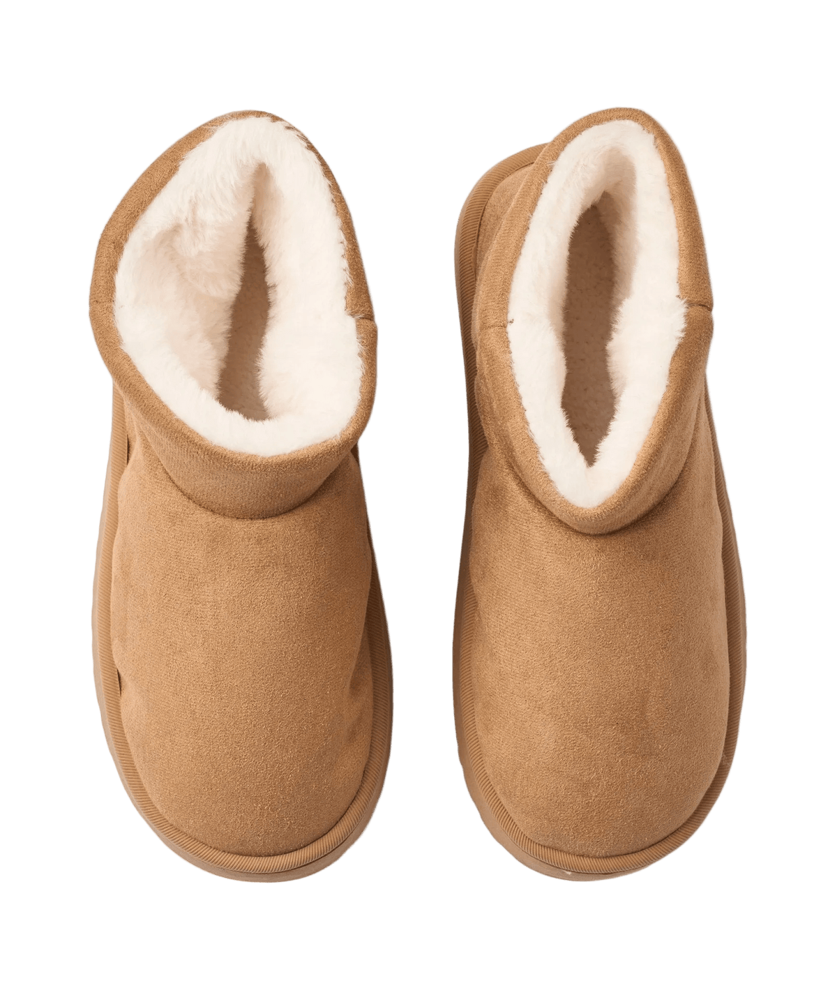 Et par Missya Fluffy Camel-tøfler med hvidt fleecefor, set ovenfra på en ensfarvet baggrund.