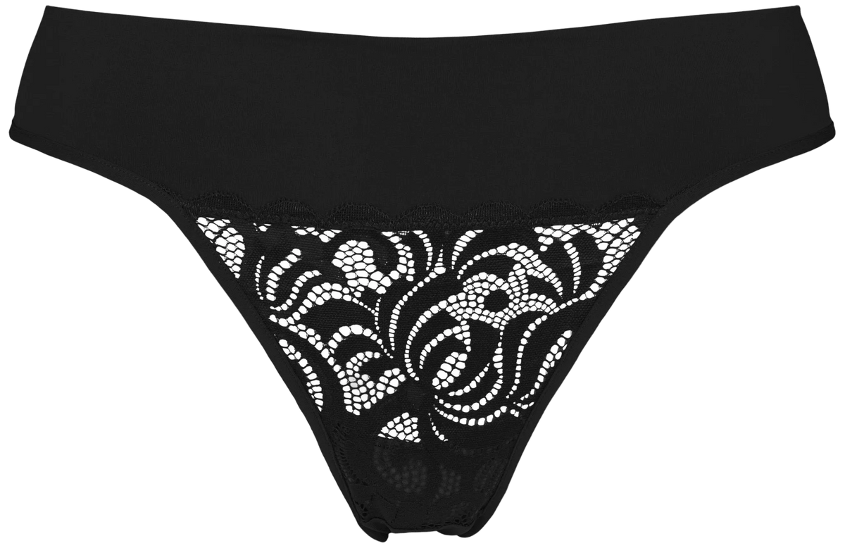 Missya – Bella Sort G-streng-trusse med blonder og blomstret mesh, vist på hvid baggrund.