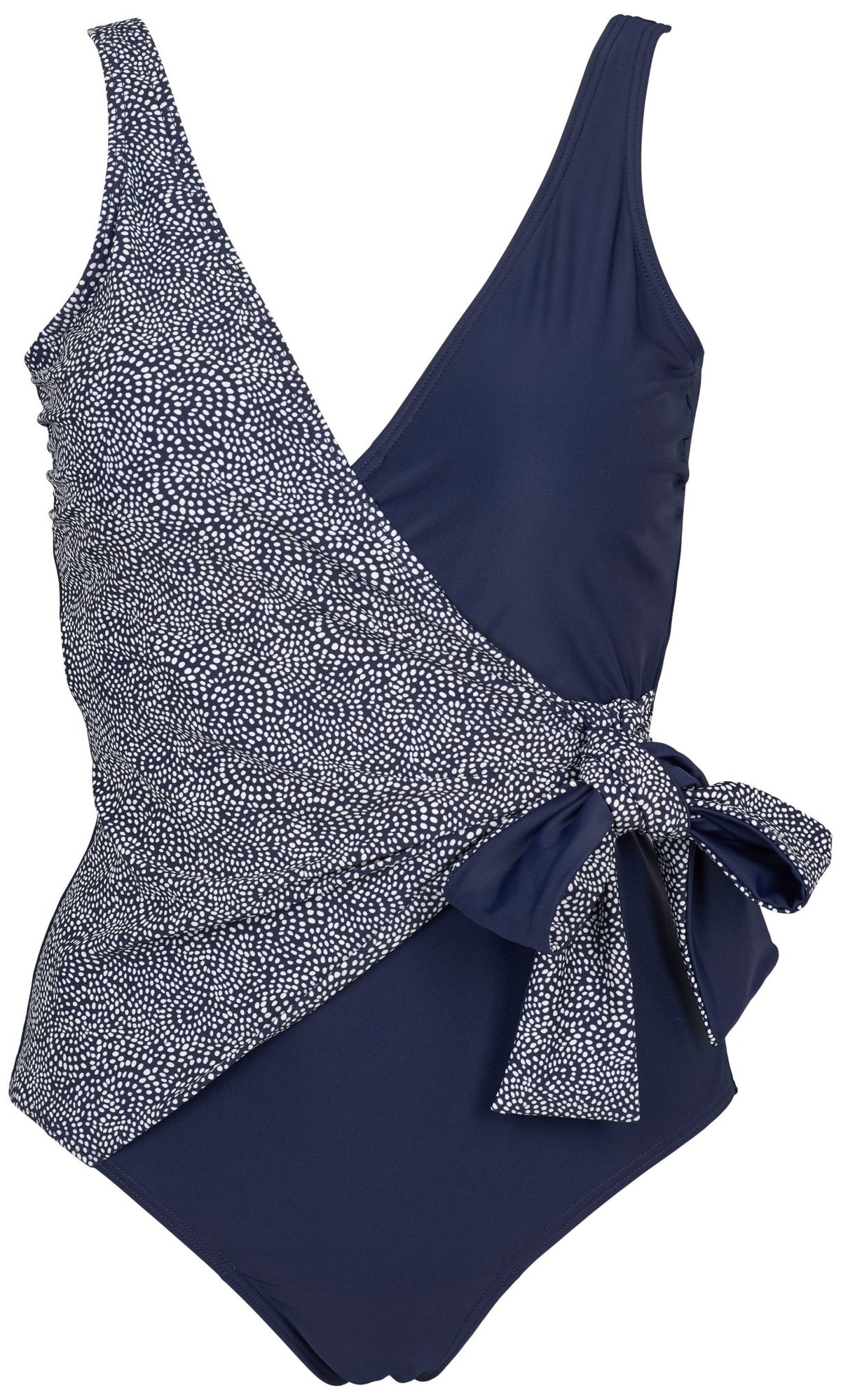Missya Monaco Prikket: Elegant marineblå badedragt med prikket wrap-design og bindebånd i siden – perfekt til stilfulde svømmeture.