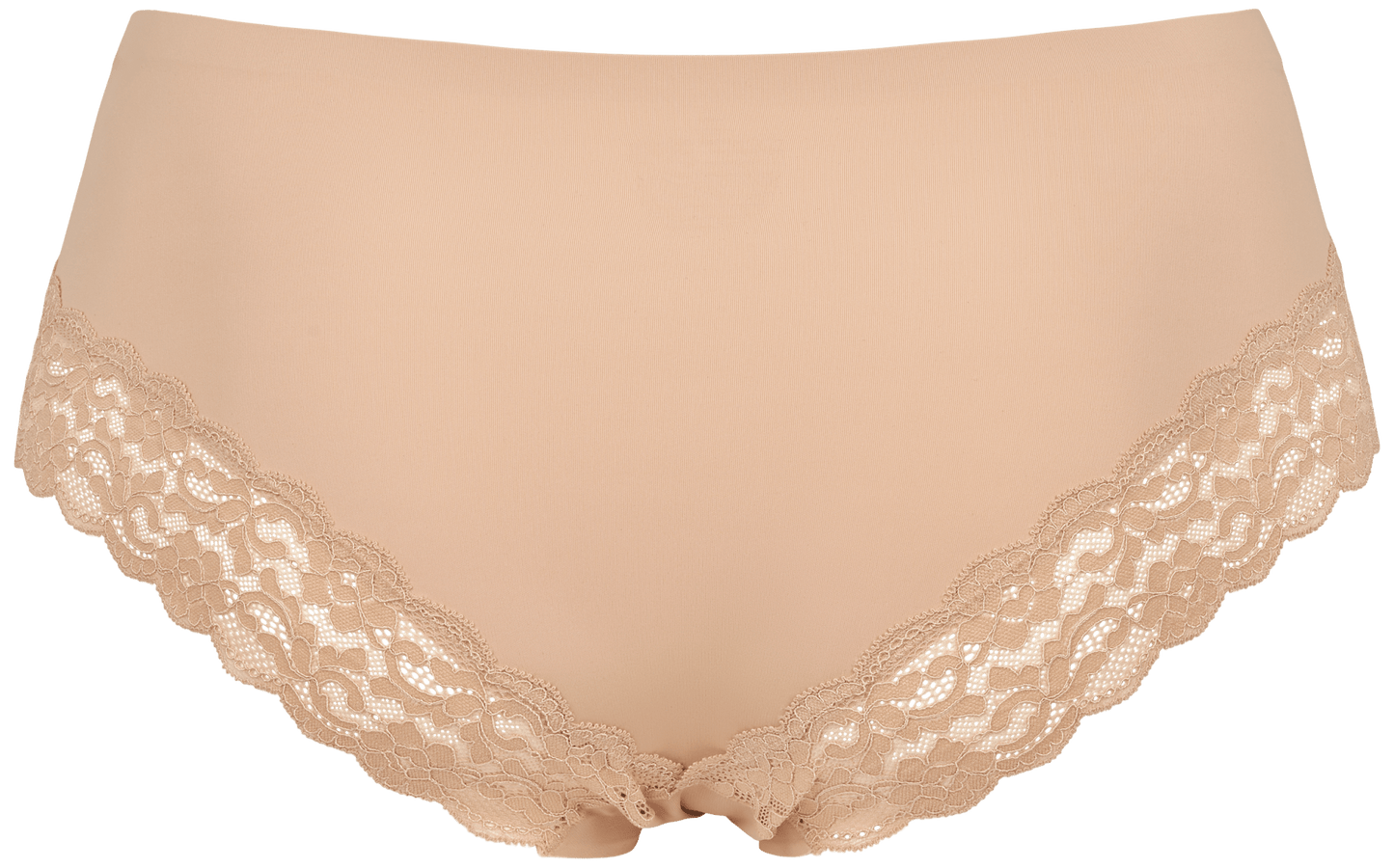 Missya Seamless med blonder, 3-pak i beige med blondekant, vist på hvid baggrund.