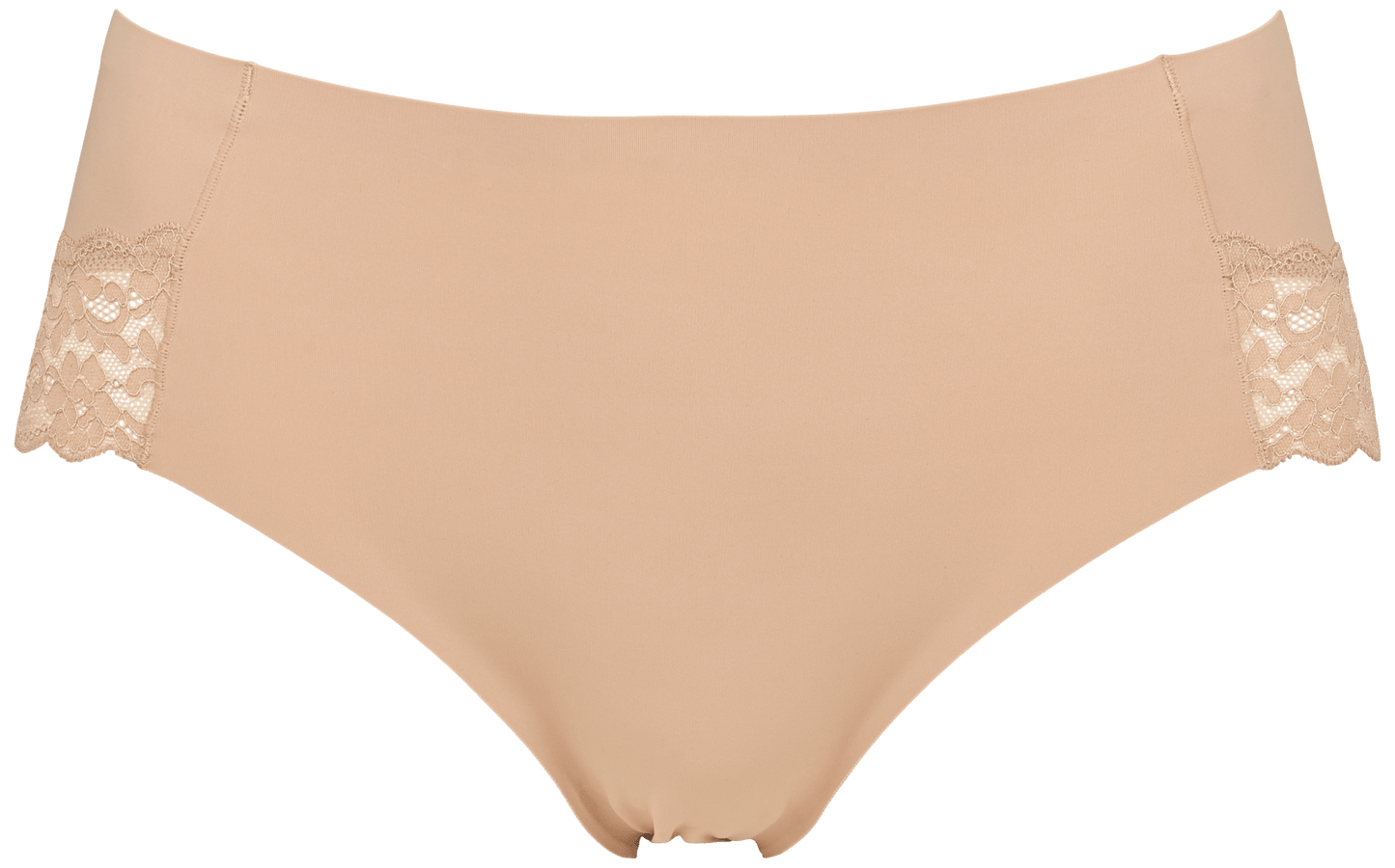 Missya Seamless med blonder, 3-pak: Beige trusser med blonder i siderne, afbilledet på en ensfarvet hvid baggrund.