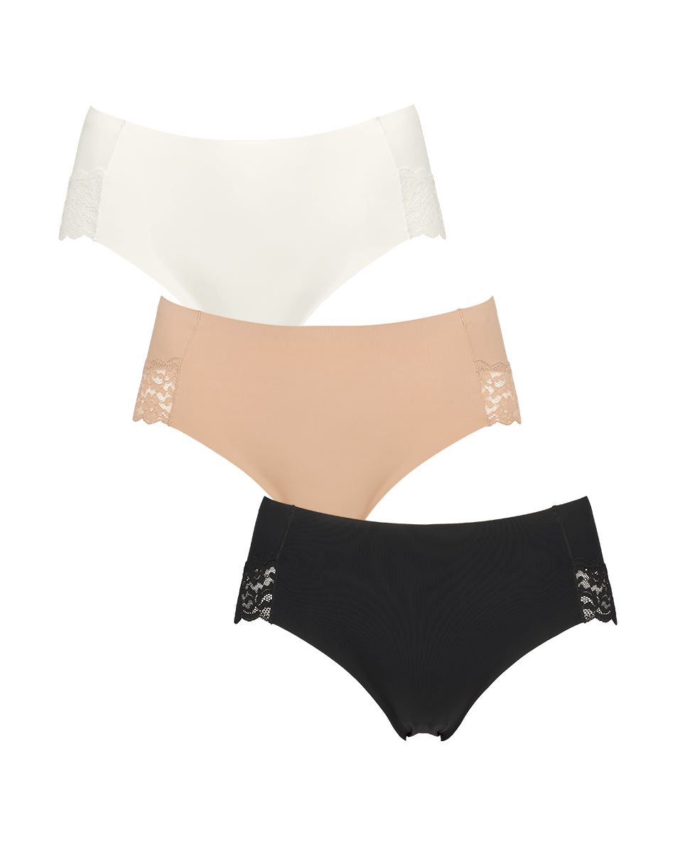 Missya Seamless med blonder – 3-pak: hvide, beige og sorte trusser med blondekant, der sikrer komfort og en glat pasform.