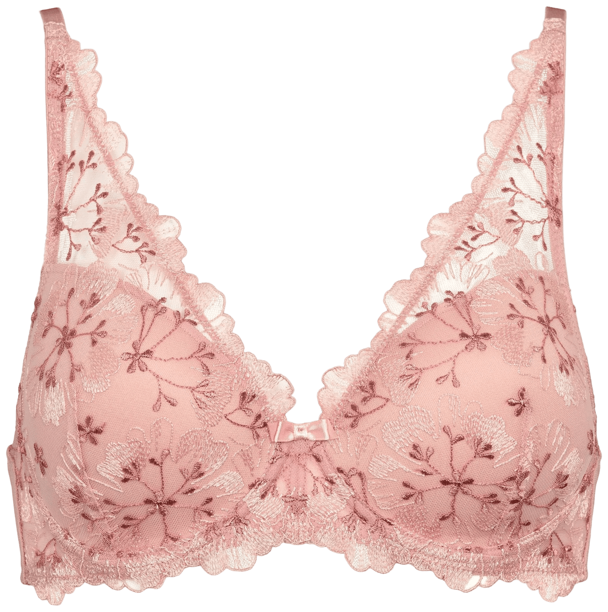 Missya Malou Dusty Rose Rosa bøjle-bh med blomsterbroderi, vist på en ensfarvet hvid baggrund.
