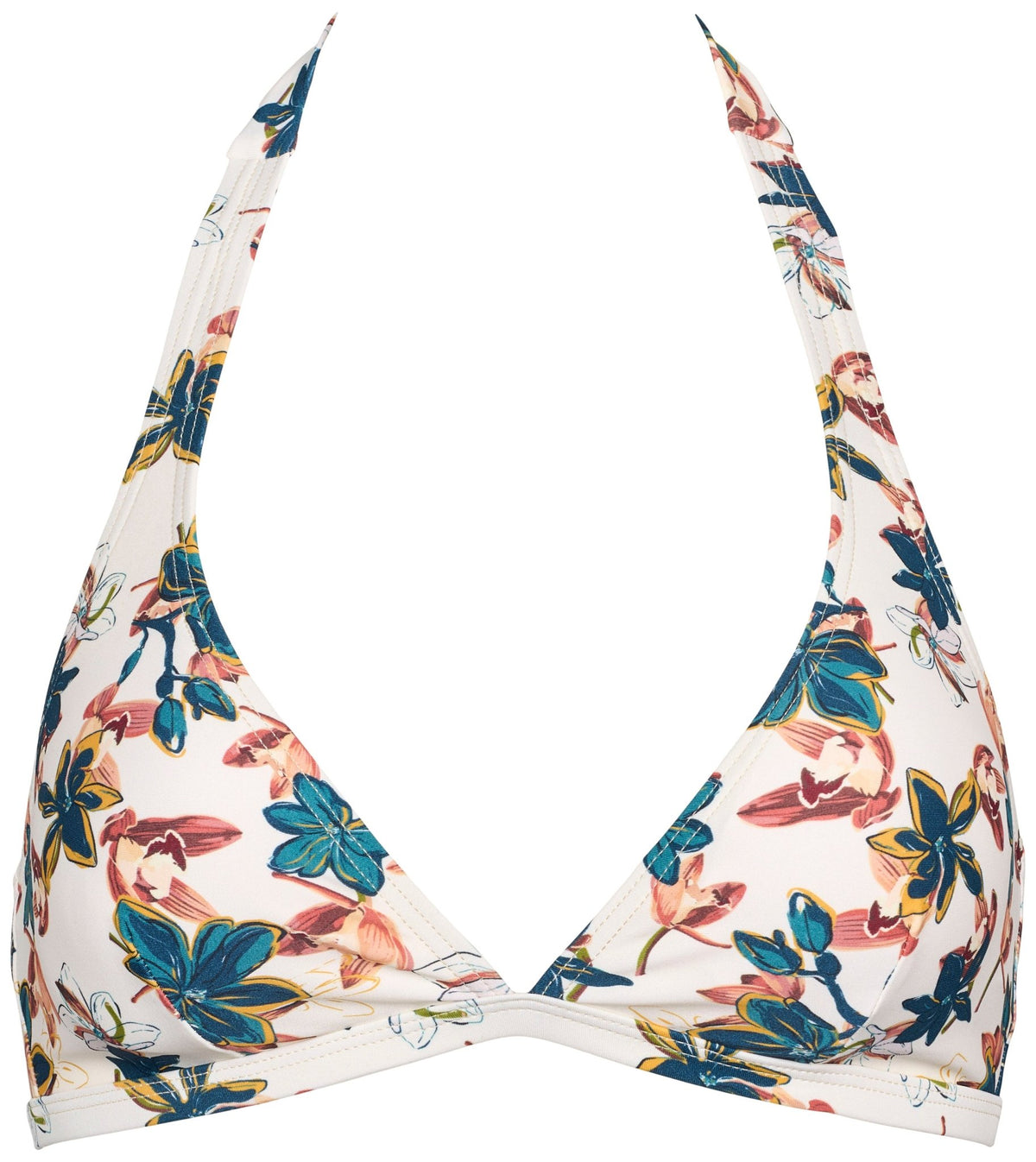 Missya Amelias offwhite mønstrede bikinitop har et trekantet halterneck-design og et farverigt blomsterprint.