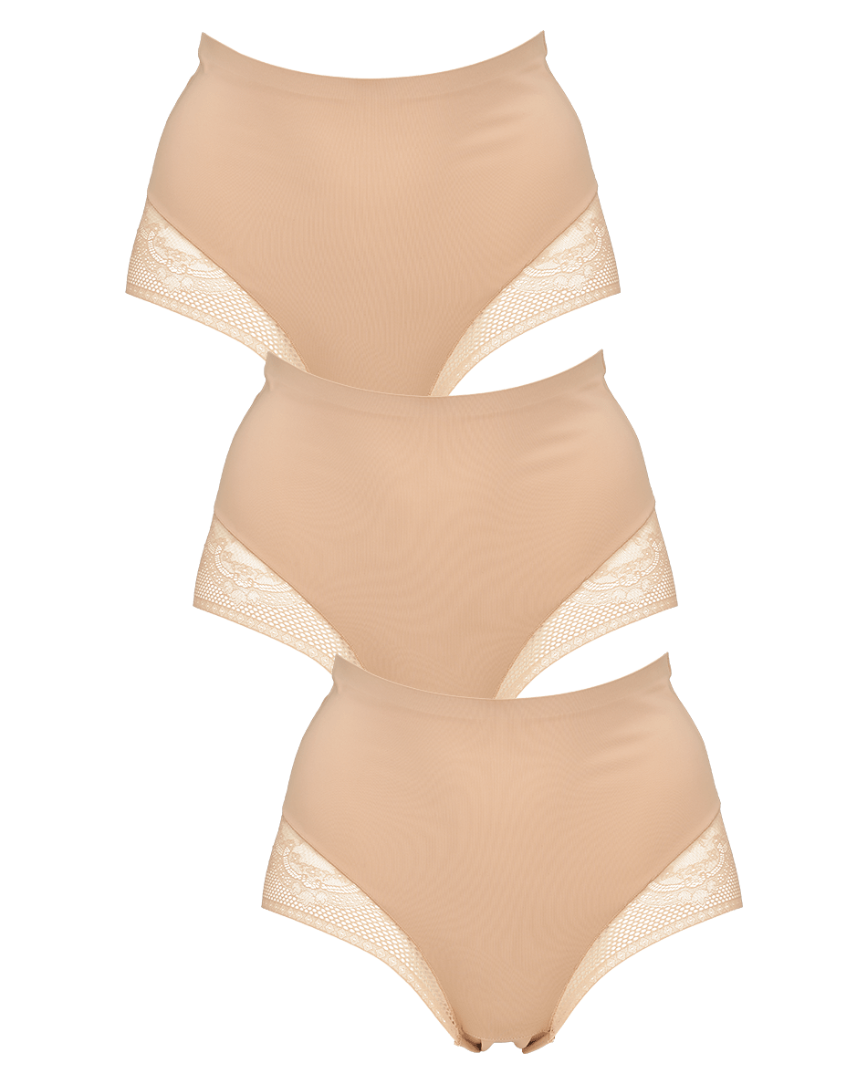 Missya 154337 Seamless w Lace 3-pak Pudder – nude-trusser med høj talje og blonder, elegante og behagelige.
