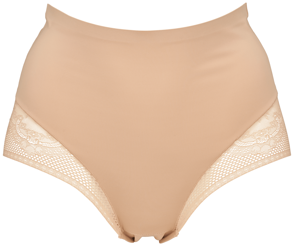 Missya 154337 Seamless med blonder, 3-pak, farve: beige undertøj med høj talje og blonder på siderne på ensfarvet baggrund.